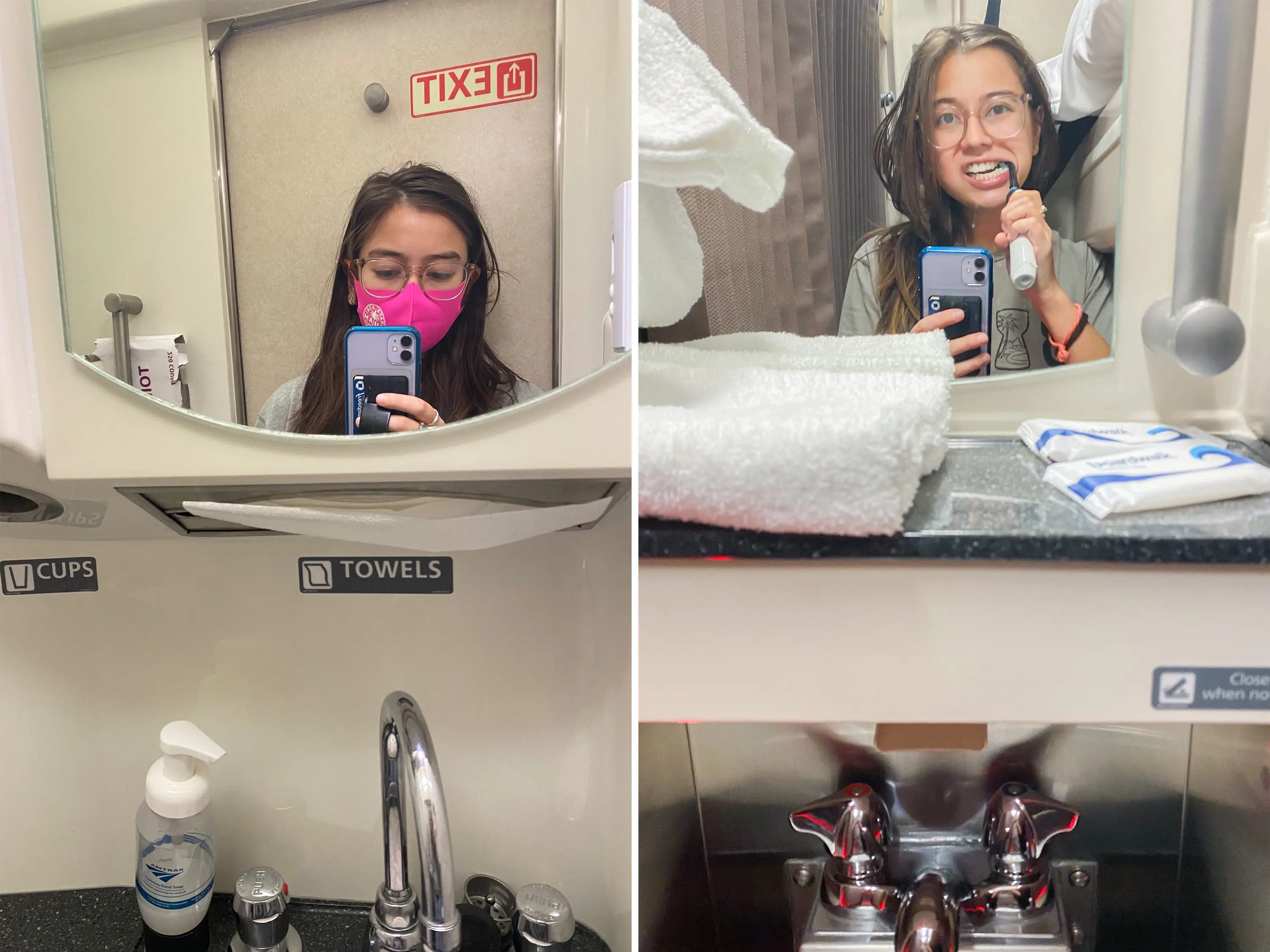 Left: The author takes a selfie in front of the Amtrak bathroom mirror. Right: The author brushing her teeth in the mirror of her roomette