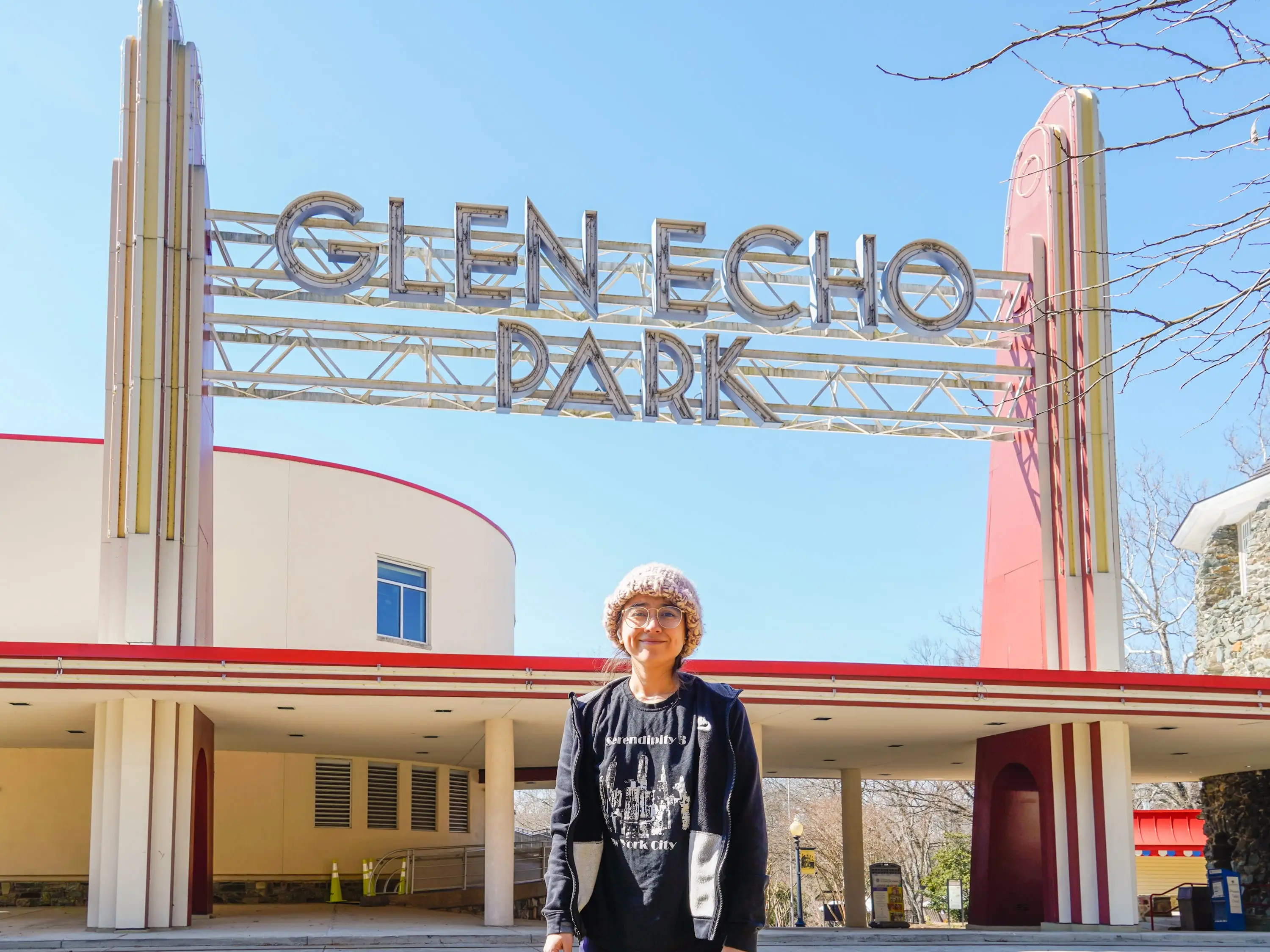 The author stands in front of the entrance to Glen Echo Park