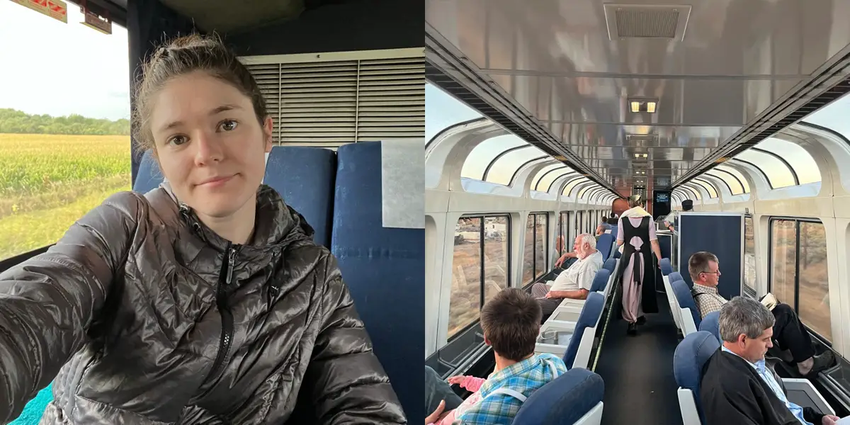 diana riding an amtrak train and an interior shot of an antrak observation car