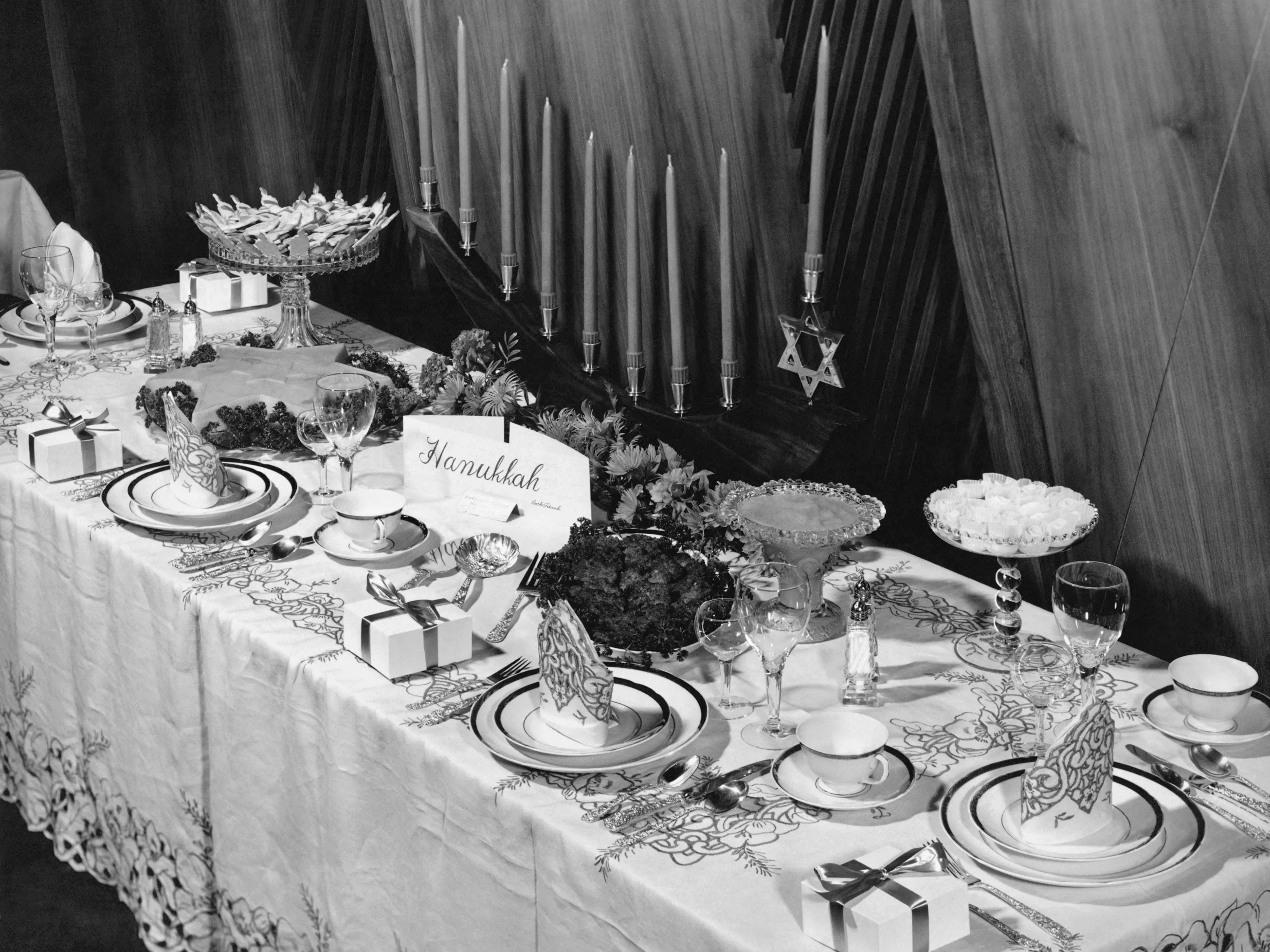 A table setting for Hanukkah in Los Angeles, California, mid 1950s.