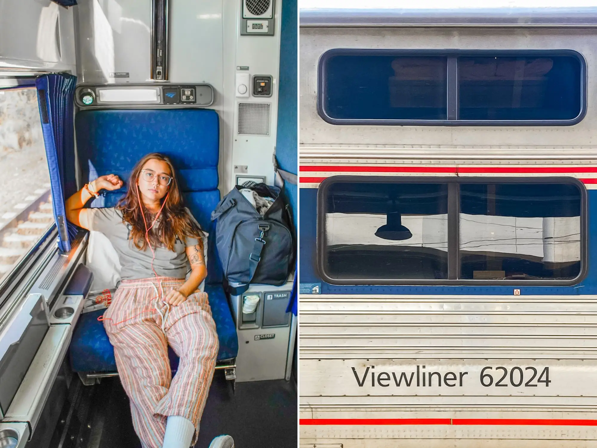 A composite image of the author sitting in a roomette with a window on the left side and a duffel on the right and a close up of the exterior of a silver train sleeper car with a red stripe and a white stripe.