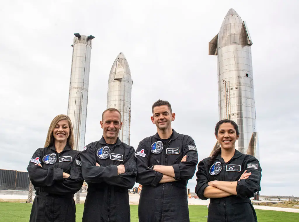 The Crew of the next SpaceX private astronaut flight called Polaris Dawn, (Left to Right) Anna Menon, who works to develop astronaut operations for SpaceX, Scott Poteet, who served as the mission director of the Inspiration4 mission SpaceX, and Jared Isaacman, who is financing the mission.
