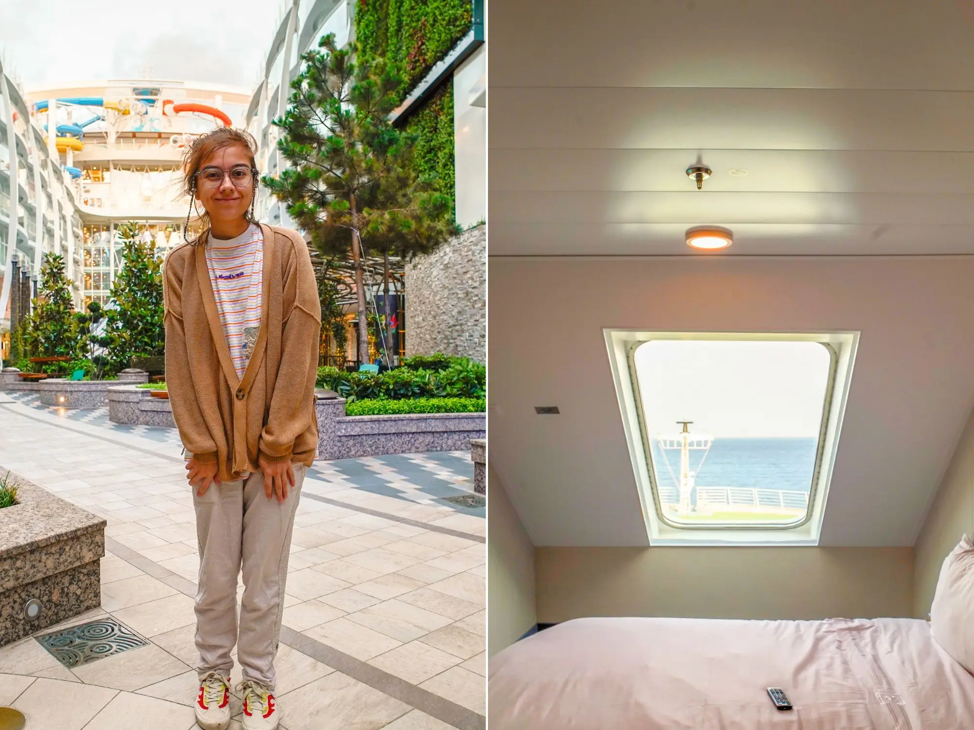 A composite image of the author standing on an outdoor cruise ship deck with plants and water slides in the background, and inside a cruise stateroom with a white bed in front of a rectangular window showing the front of the ship.