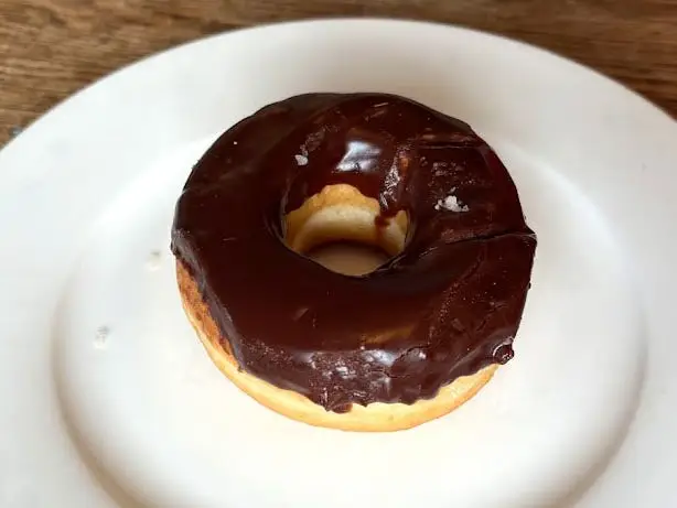 A doughnut topped with chocolate icing on a white plate.