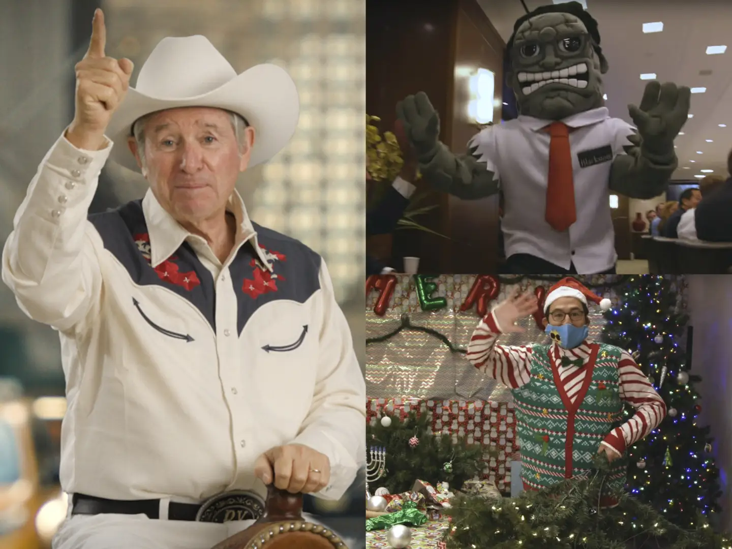 A collage of Blackstone holiday videos showing Jon Gray, Steve Schwarzman, and Mr. Stone.