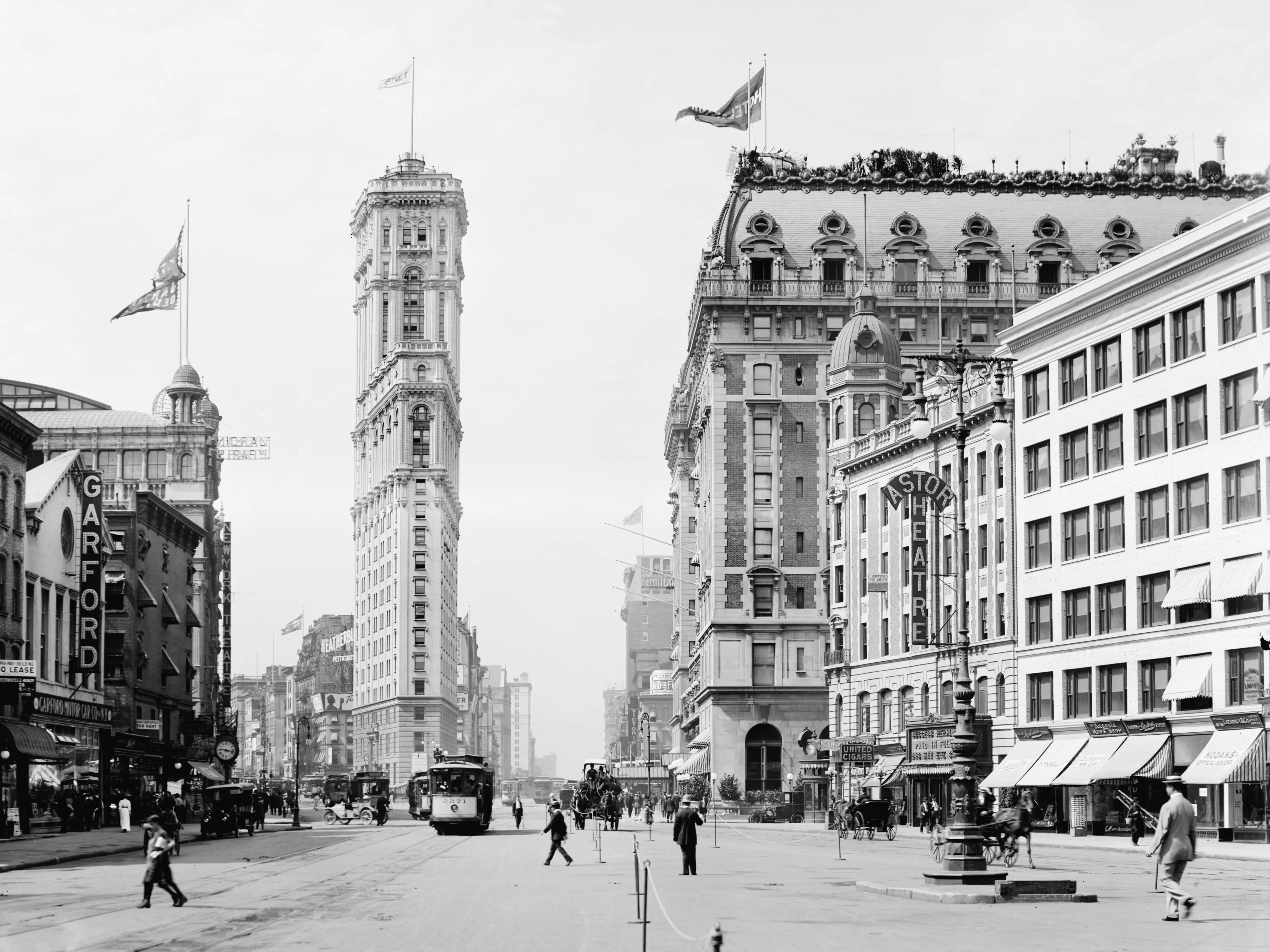 A black-and-white photo of Times Square, circa 1908.