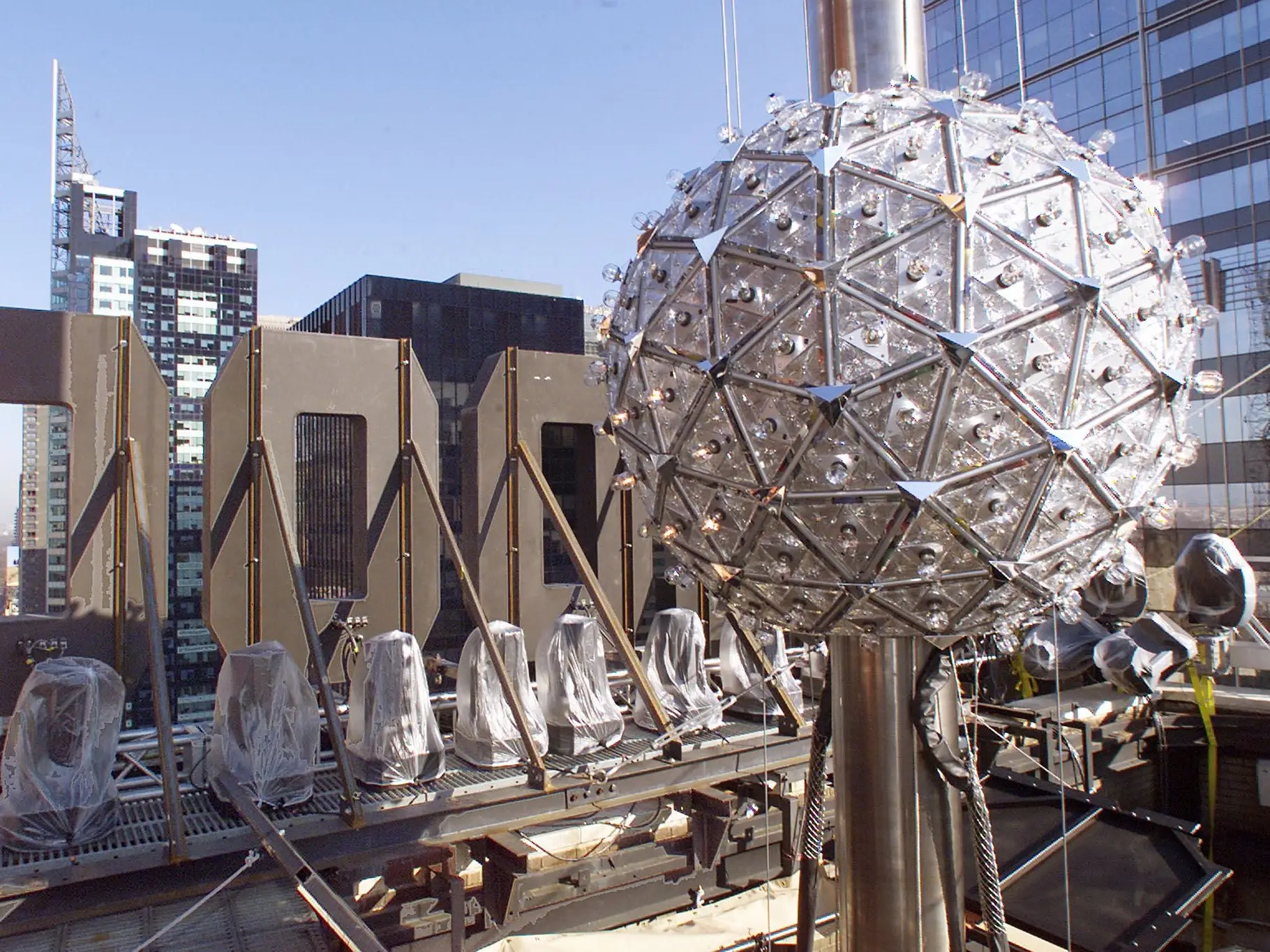 The Times Square Ball prepped atop One Times Square in December 1999.