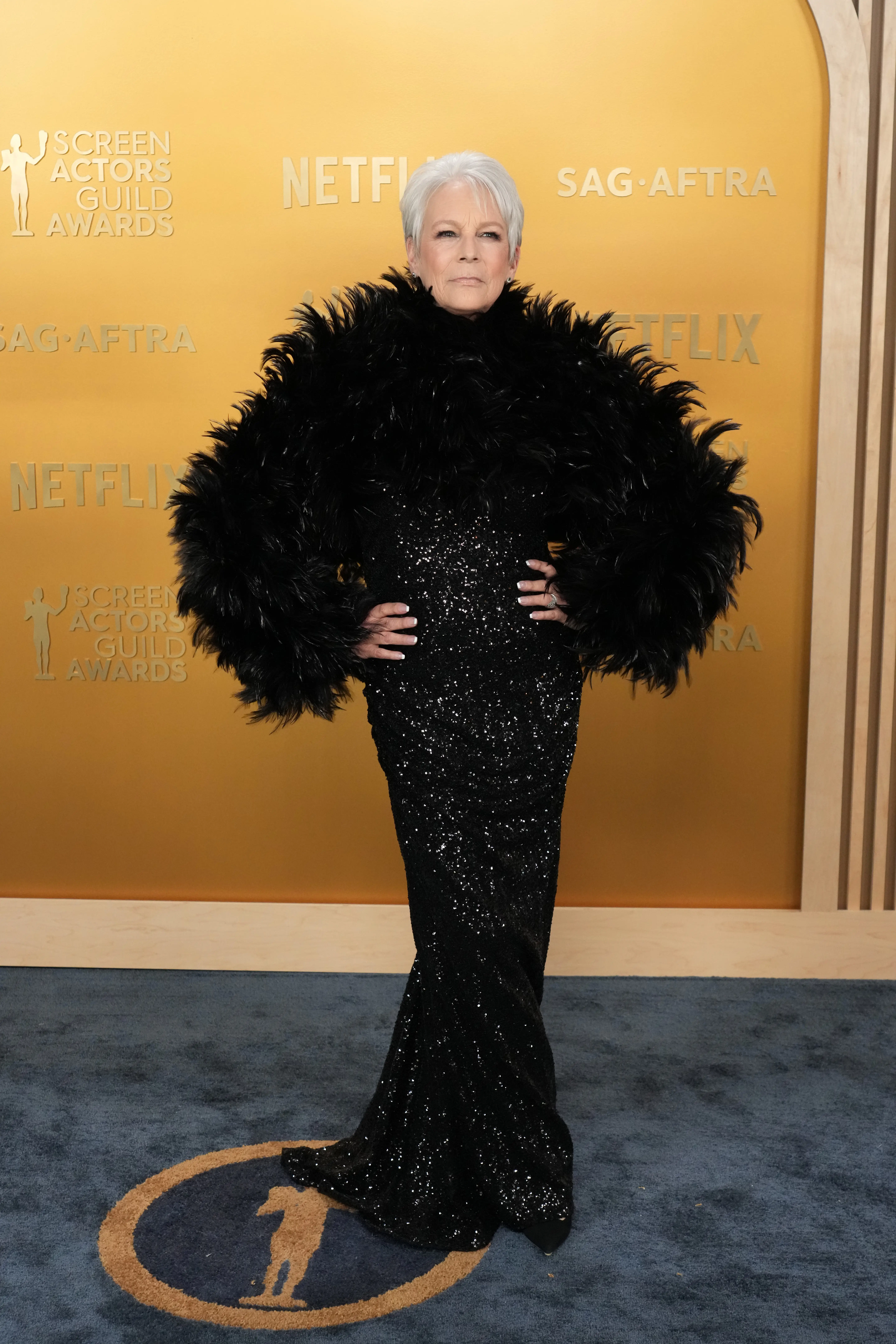 Jamie Lee Curtis in a black sparkly, feathered dress.