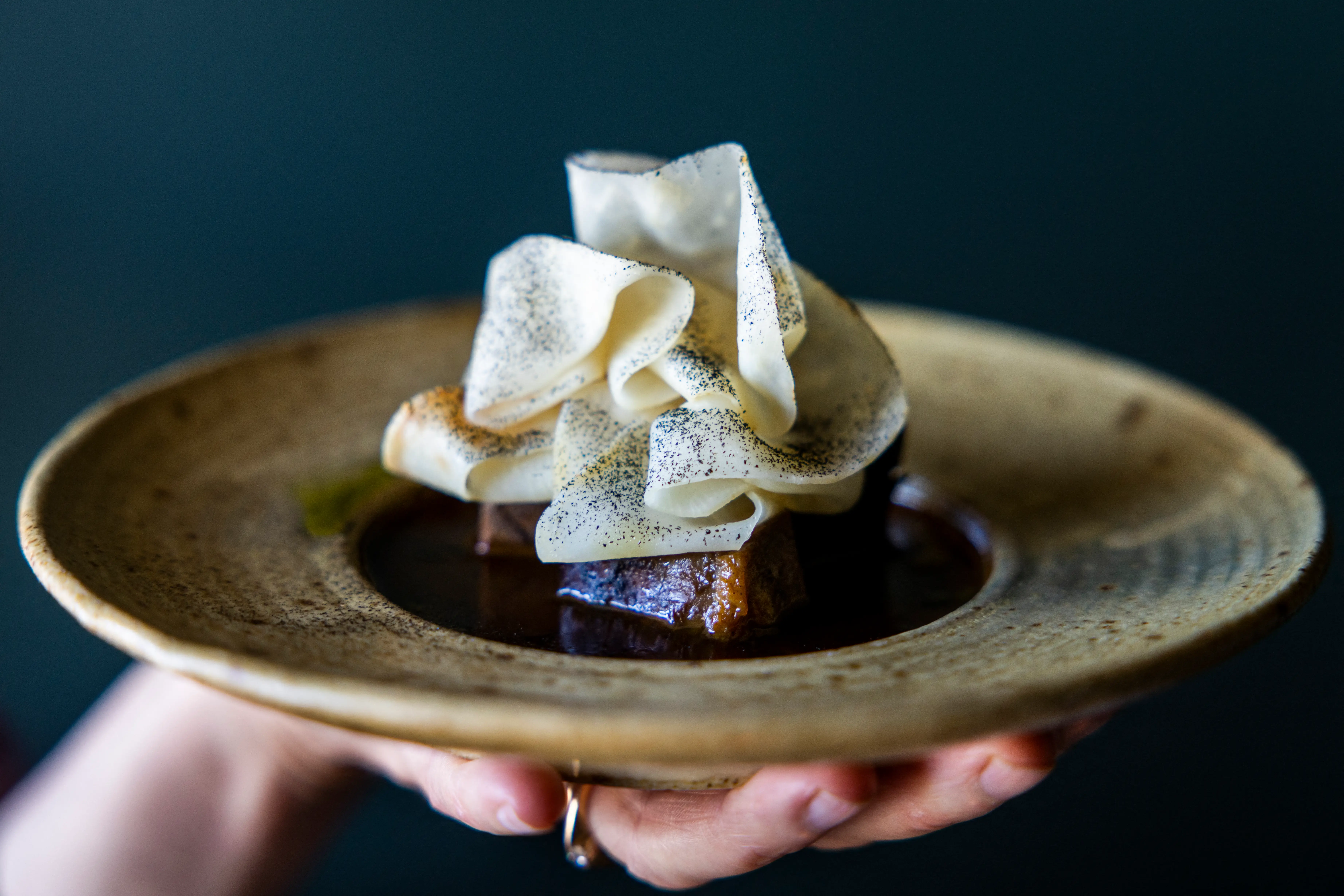 A hand holds a brown stoneware plate with stew