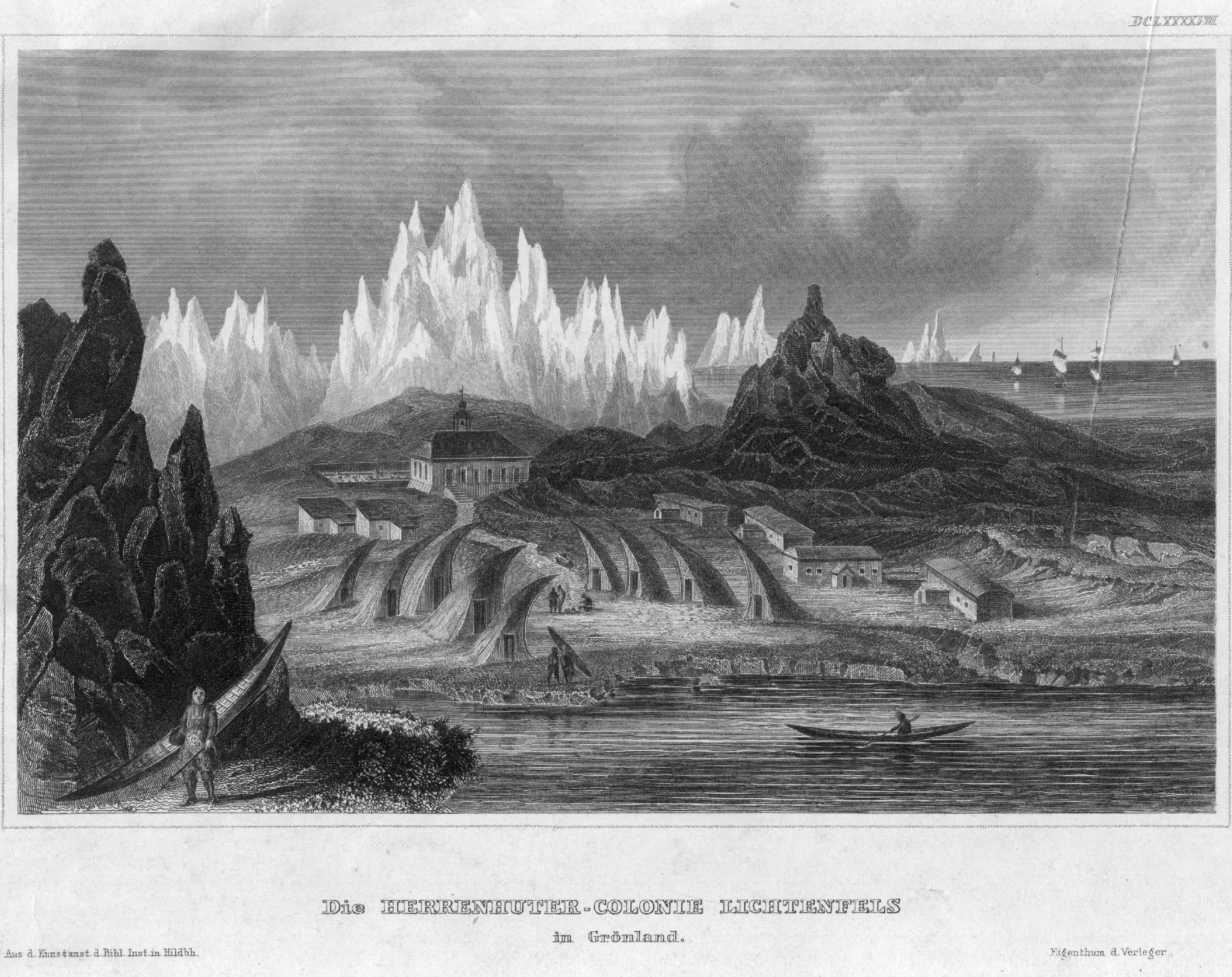 A drawing of Greenland from the water with a small boat and sparse buildings