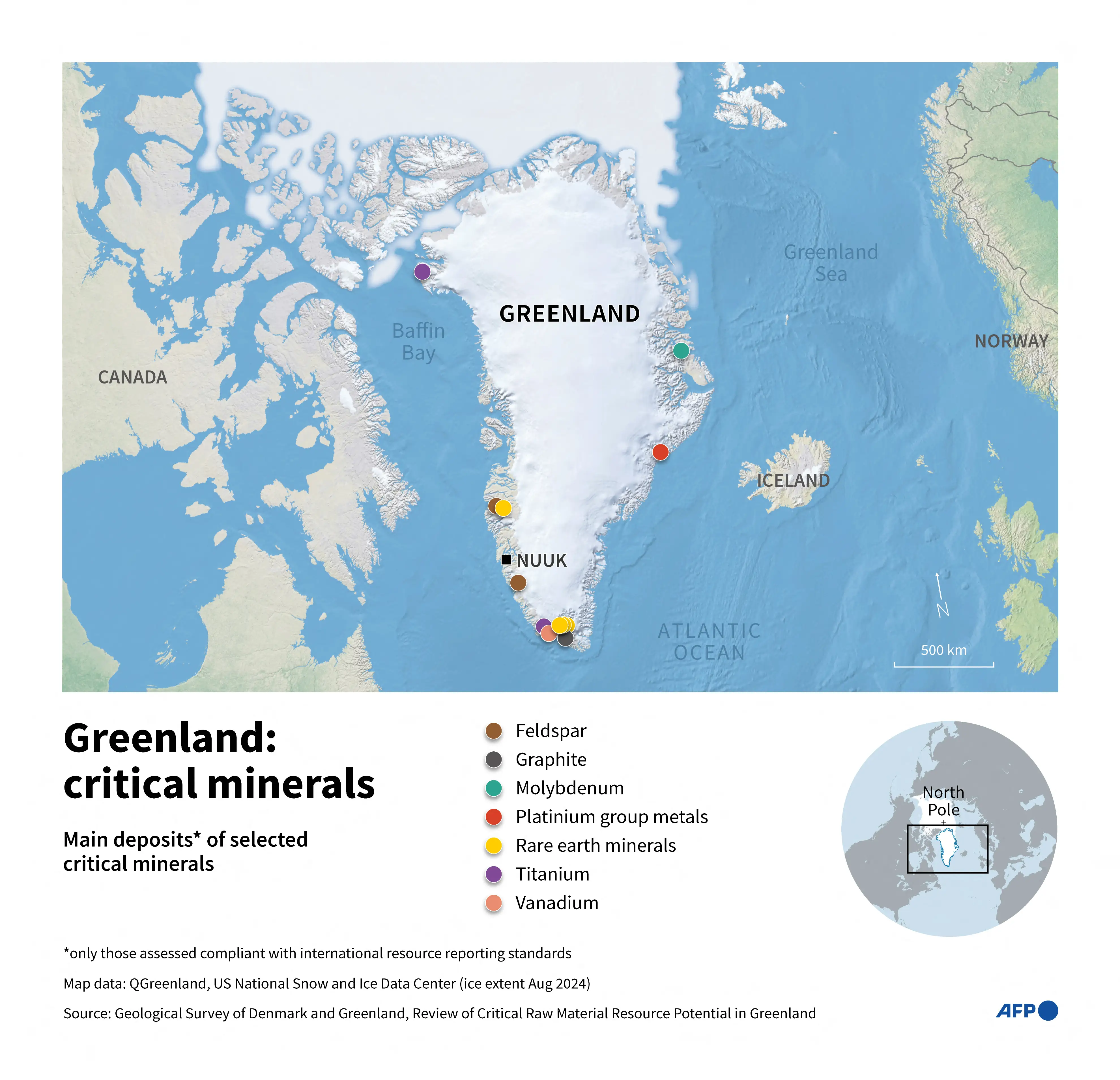 A map of Greenland with different color dots showing its critical minerals, including feldspar, graphite, plutonium, rare earth minerals, and more