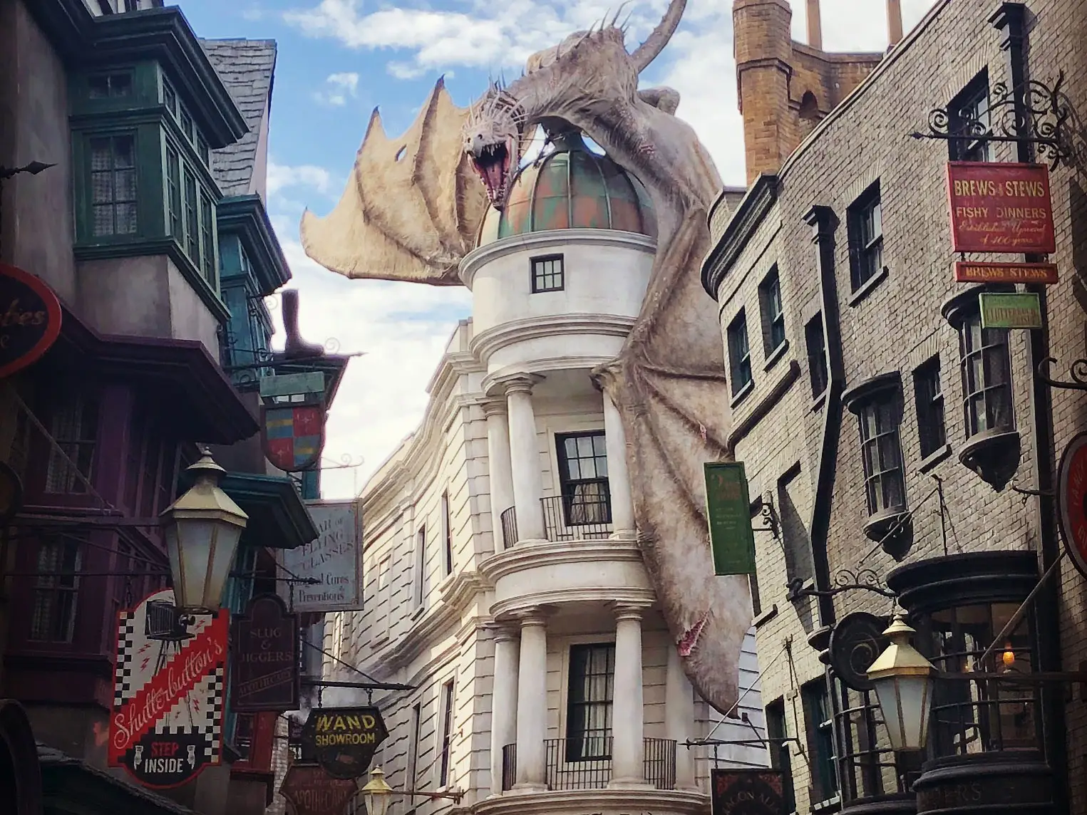 A large dragon on top of a building in The Wizarding World of Harry Potter at Universal Florida.