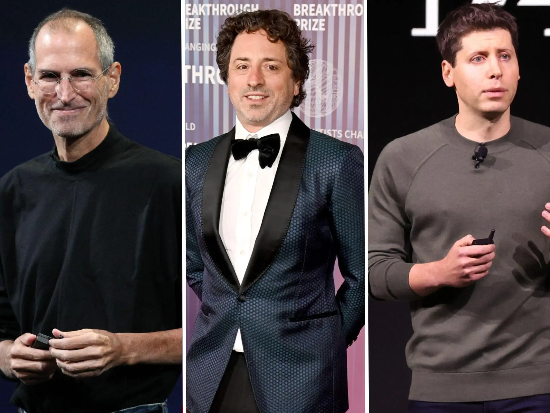 Steve Jobs, Sergey Brin, Sam Altman side by side