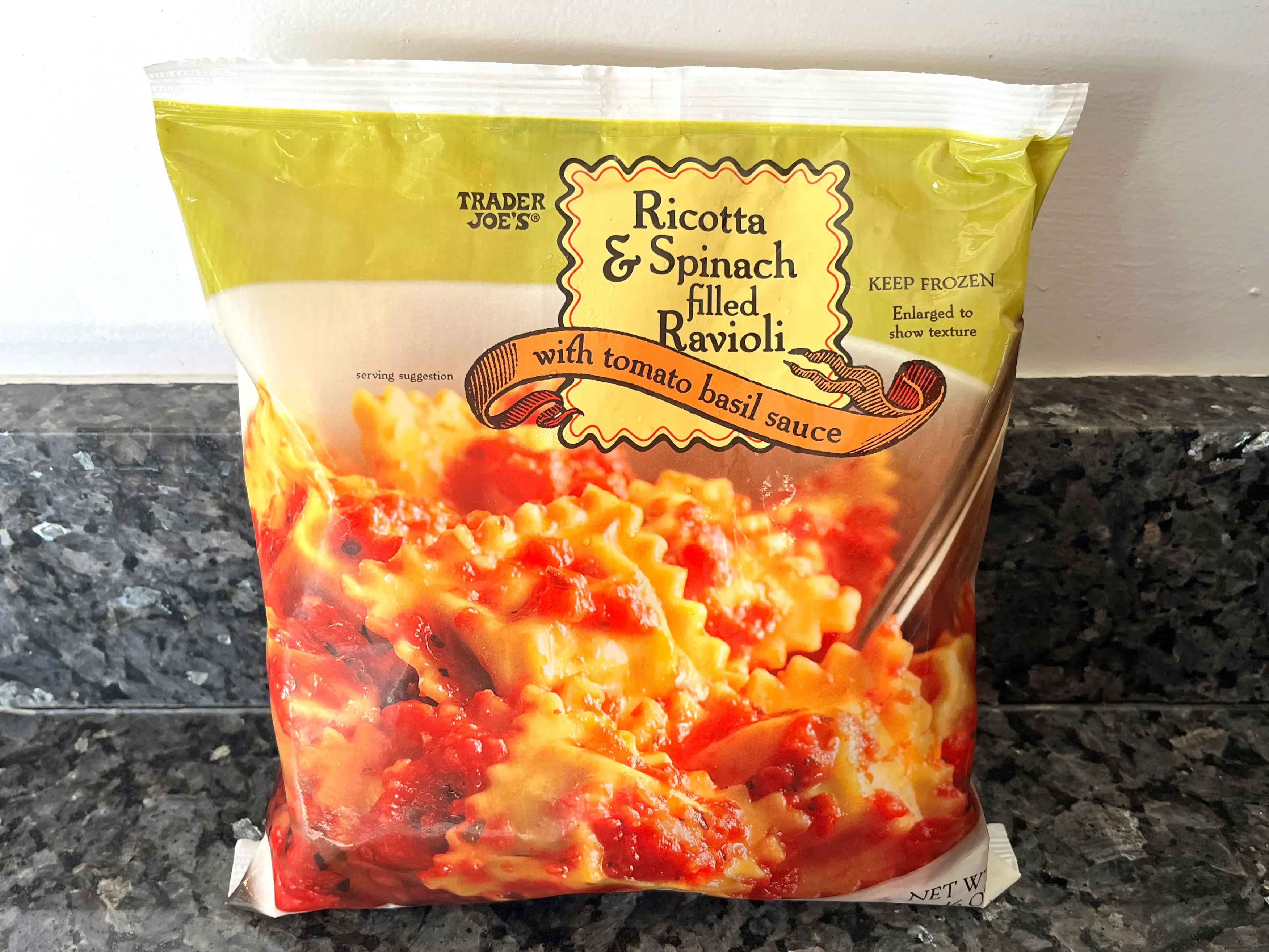A bag of Trader Joe's ricotta and spinach ravioli.