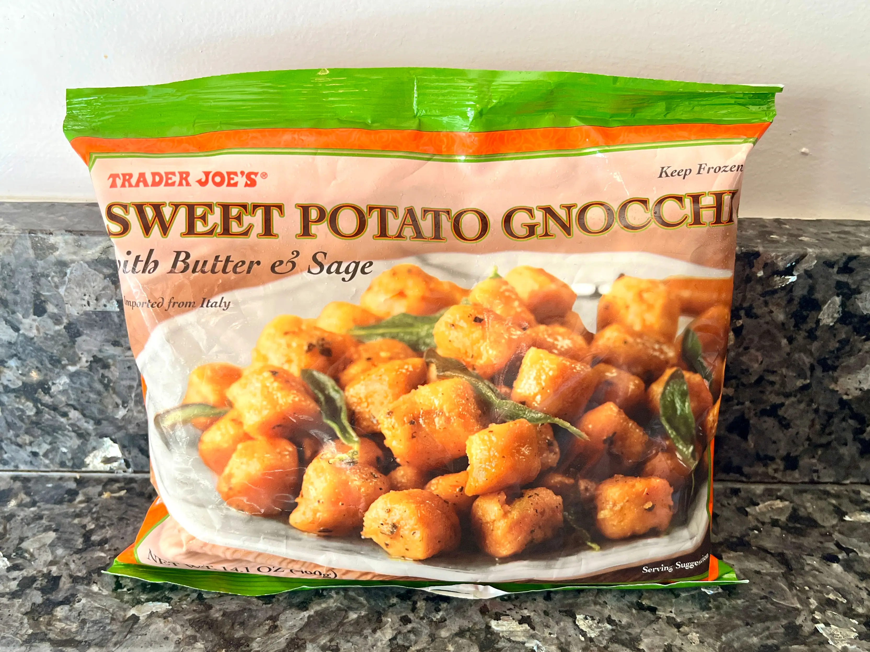 A bag of Trader Joe's sweet potato gnocchi with butter and sage.