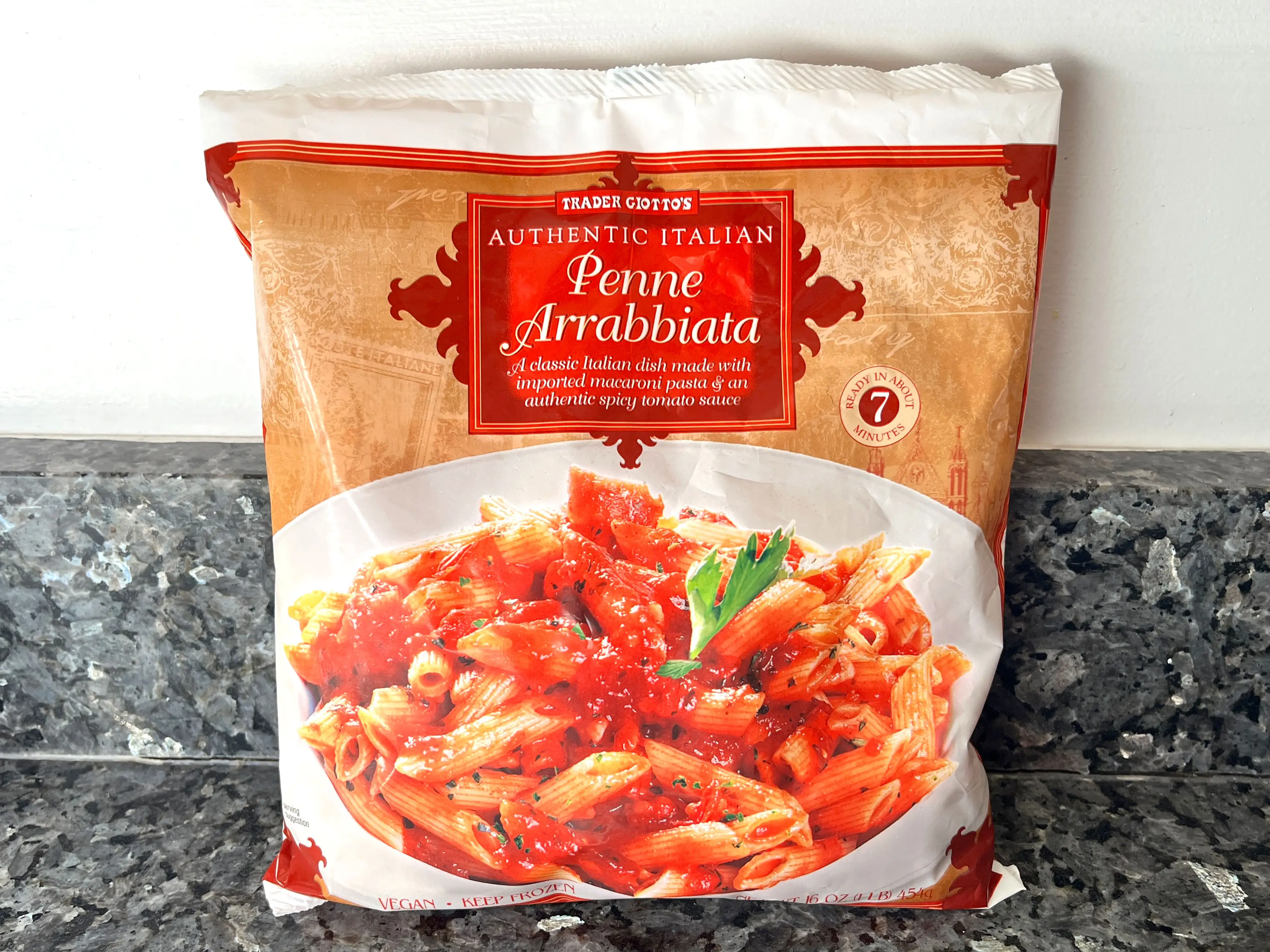 A bag of Trader Joe's penne arrabbiata.