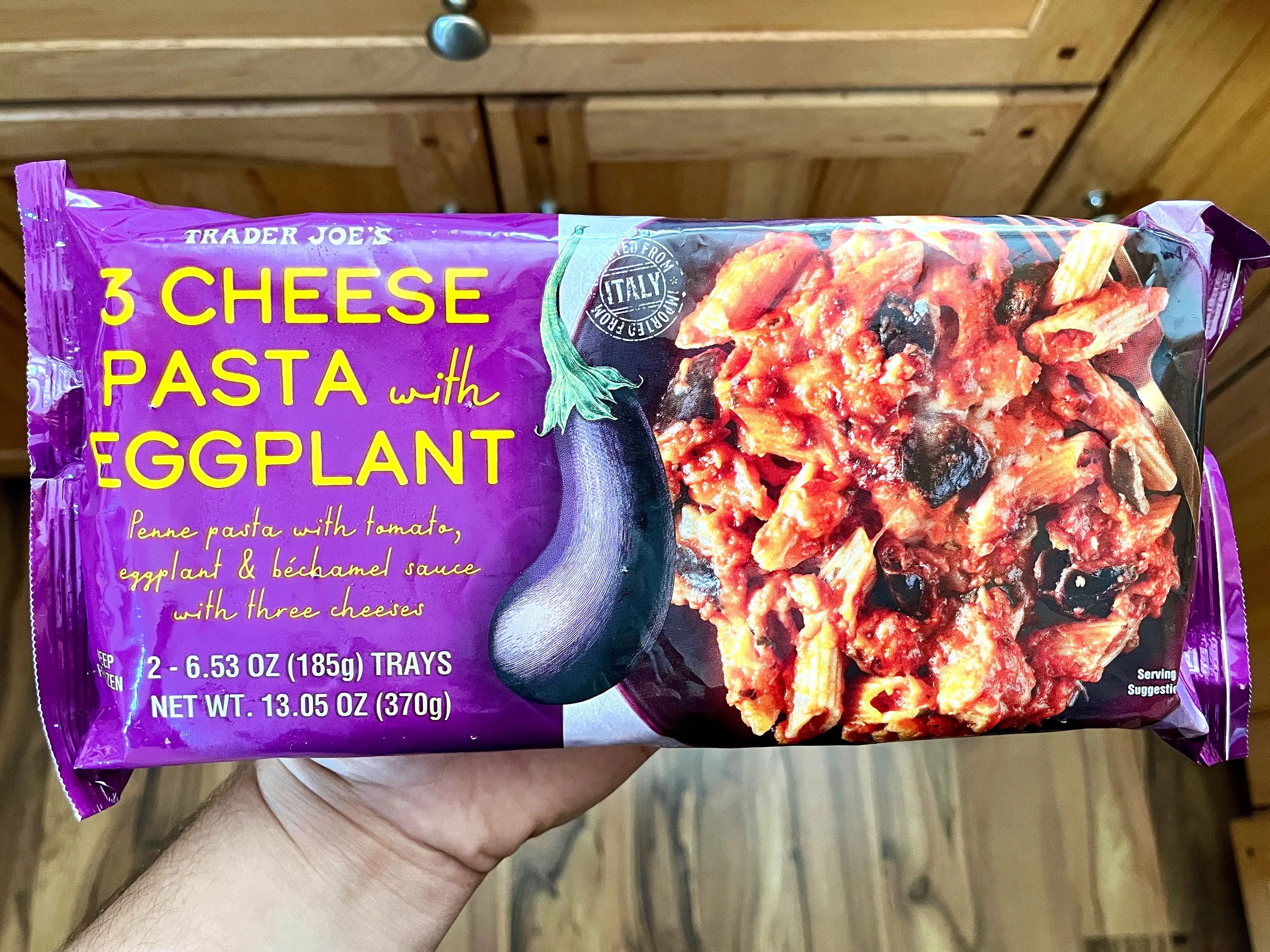 A bag of Trader Joe's three-cheese pasta with eggplant.