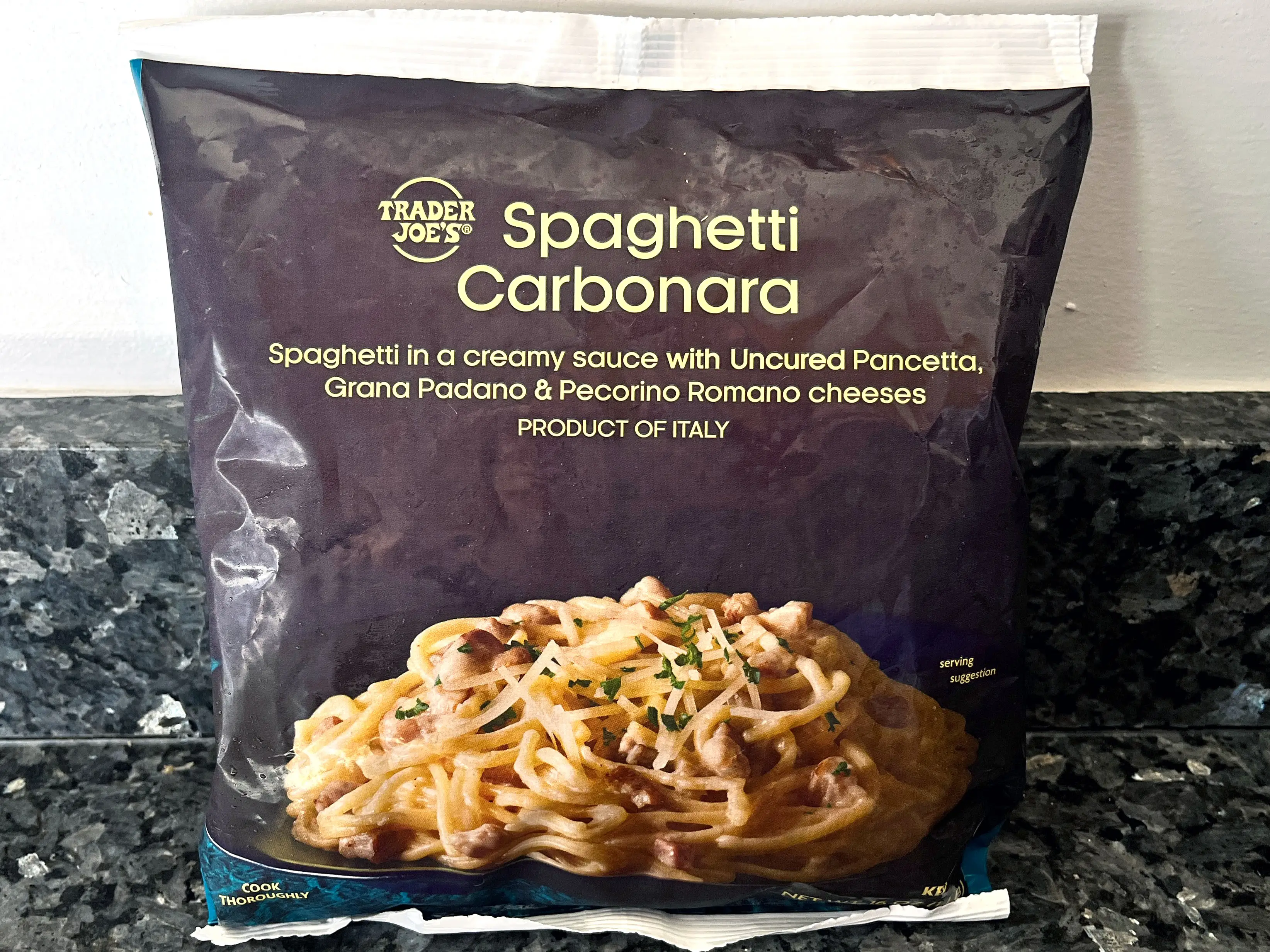 A bag of Trader Joe's spaghetti carbonara.