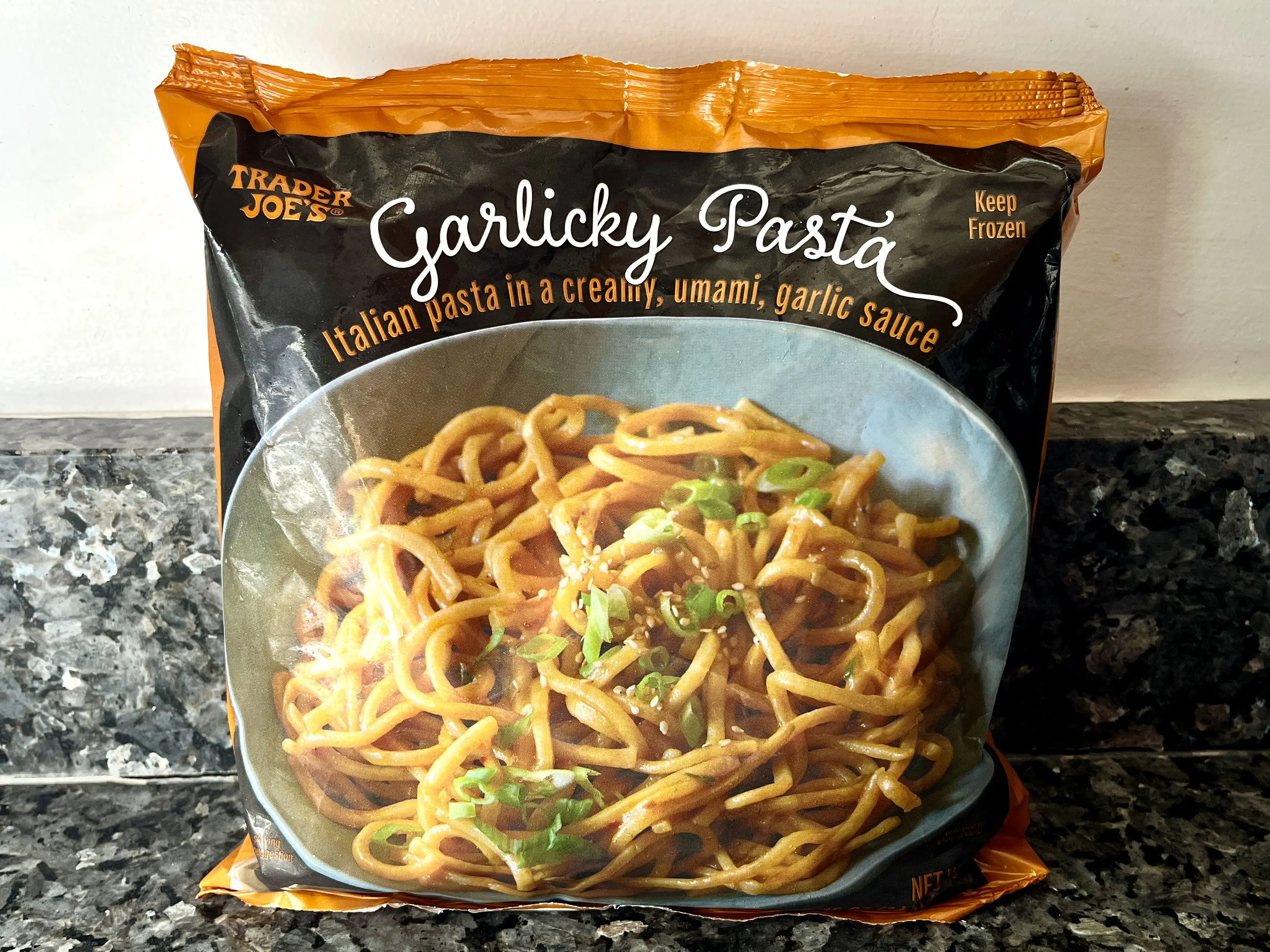 A bag of Trader Joe's garlicky pasta.