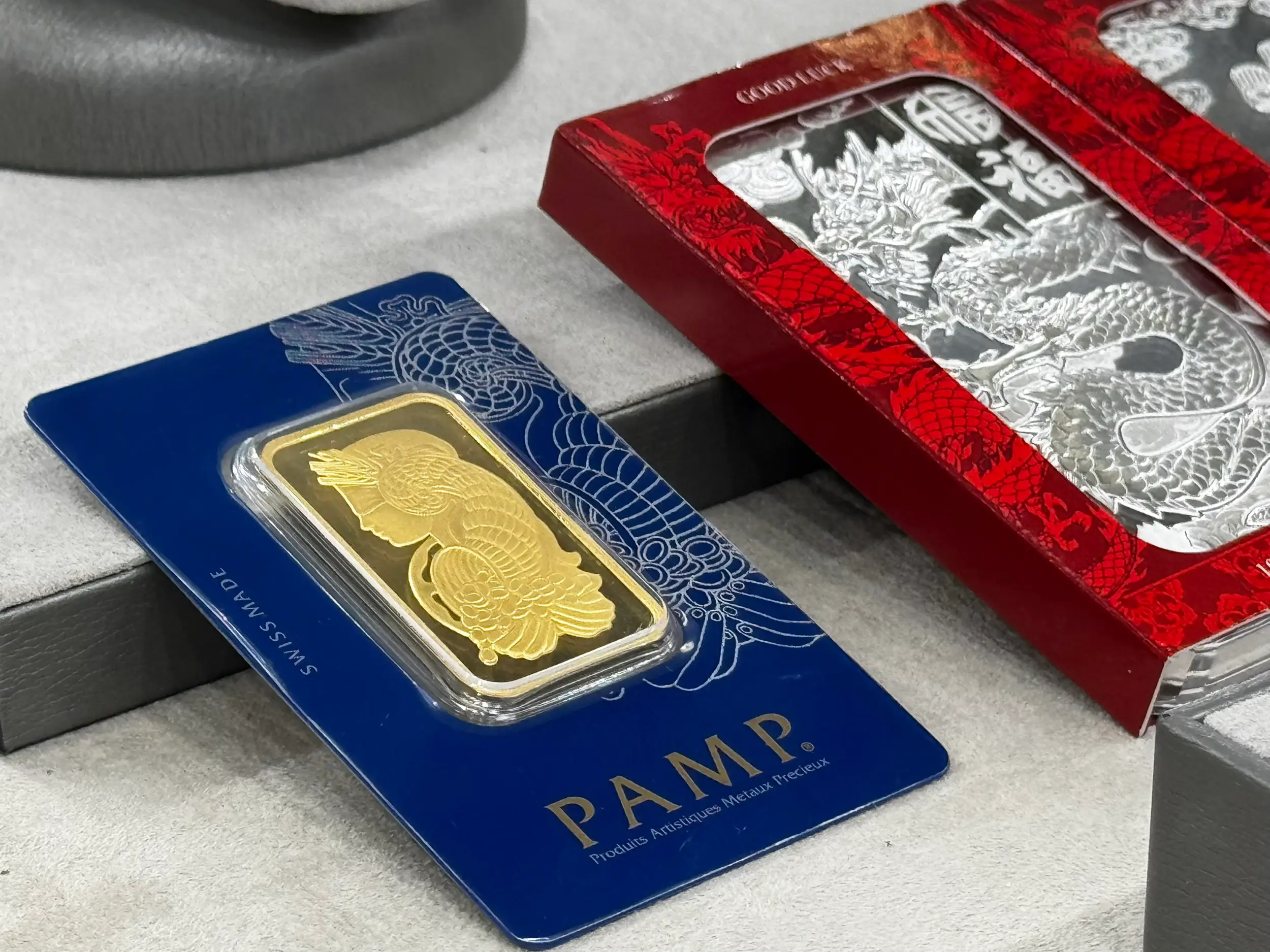 A one ounce gold bar on display at a Costco warehouse in Wisconsin.