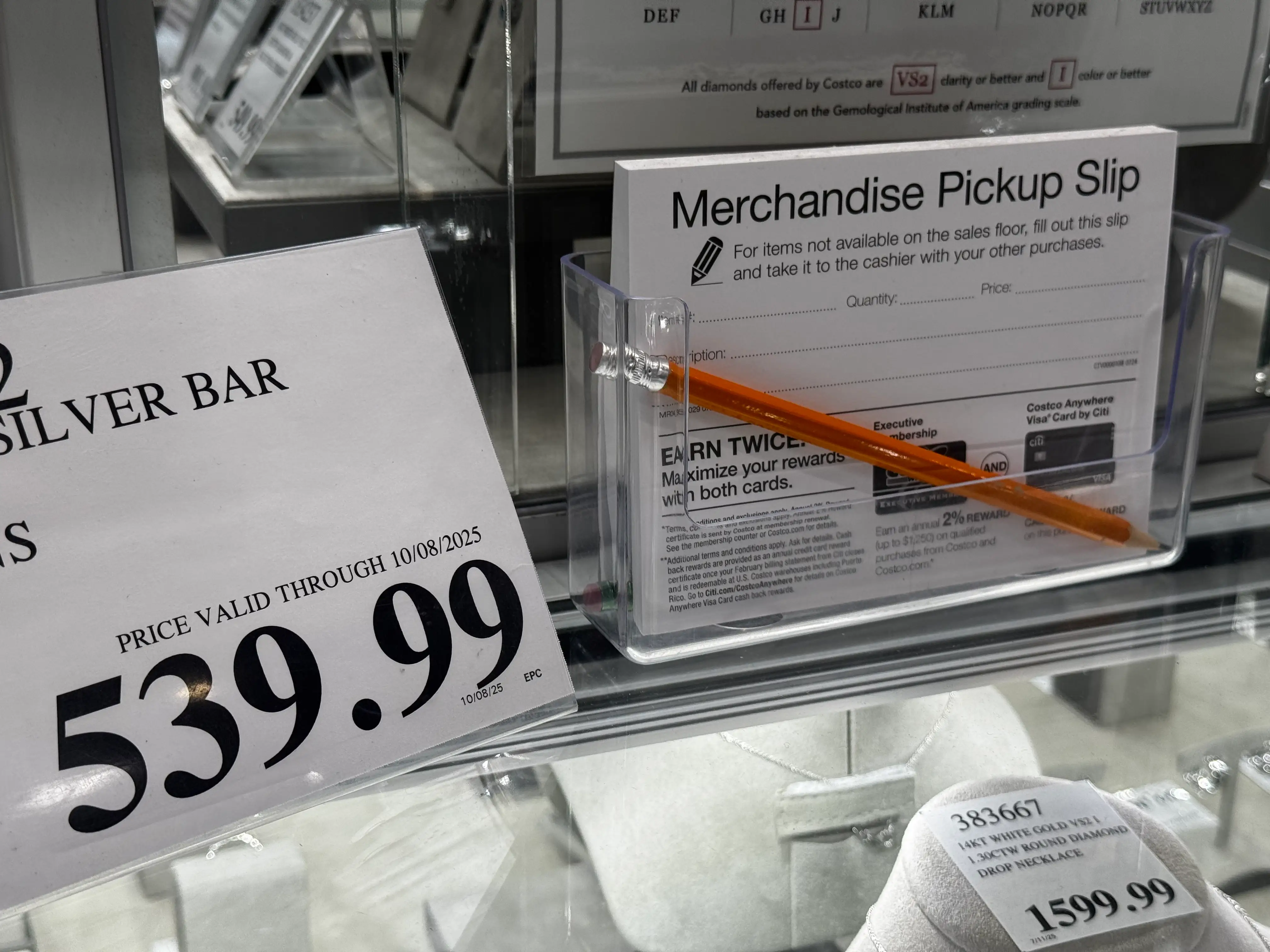 A Costco merchandise pickup slip appears in the jewelry section of a warehouse in Wisconsin.