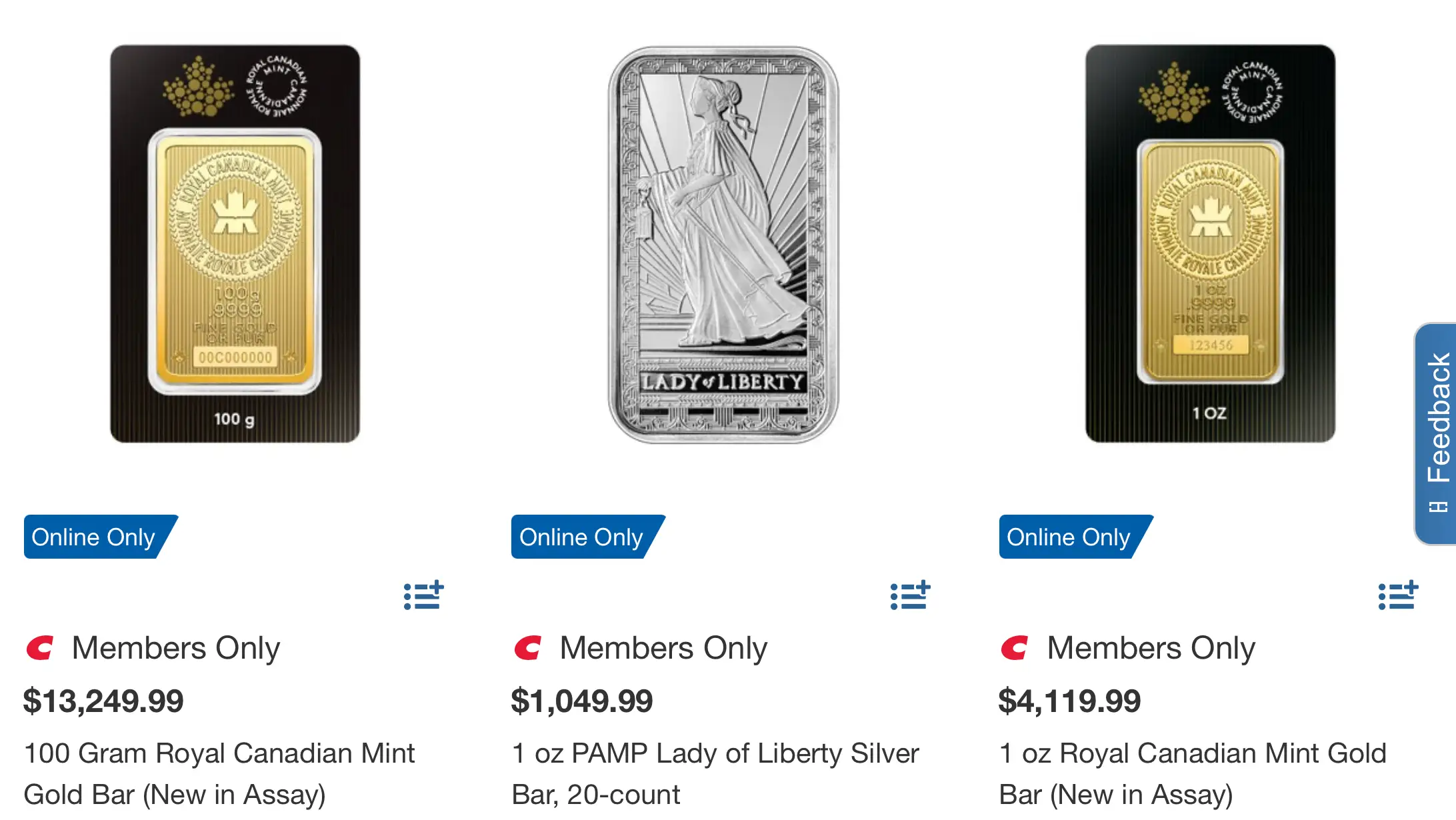 Costco.com's precious metals offerings on October 13, 2025.