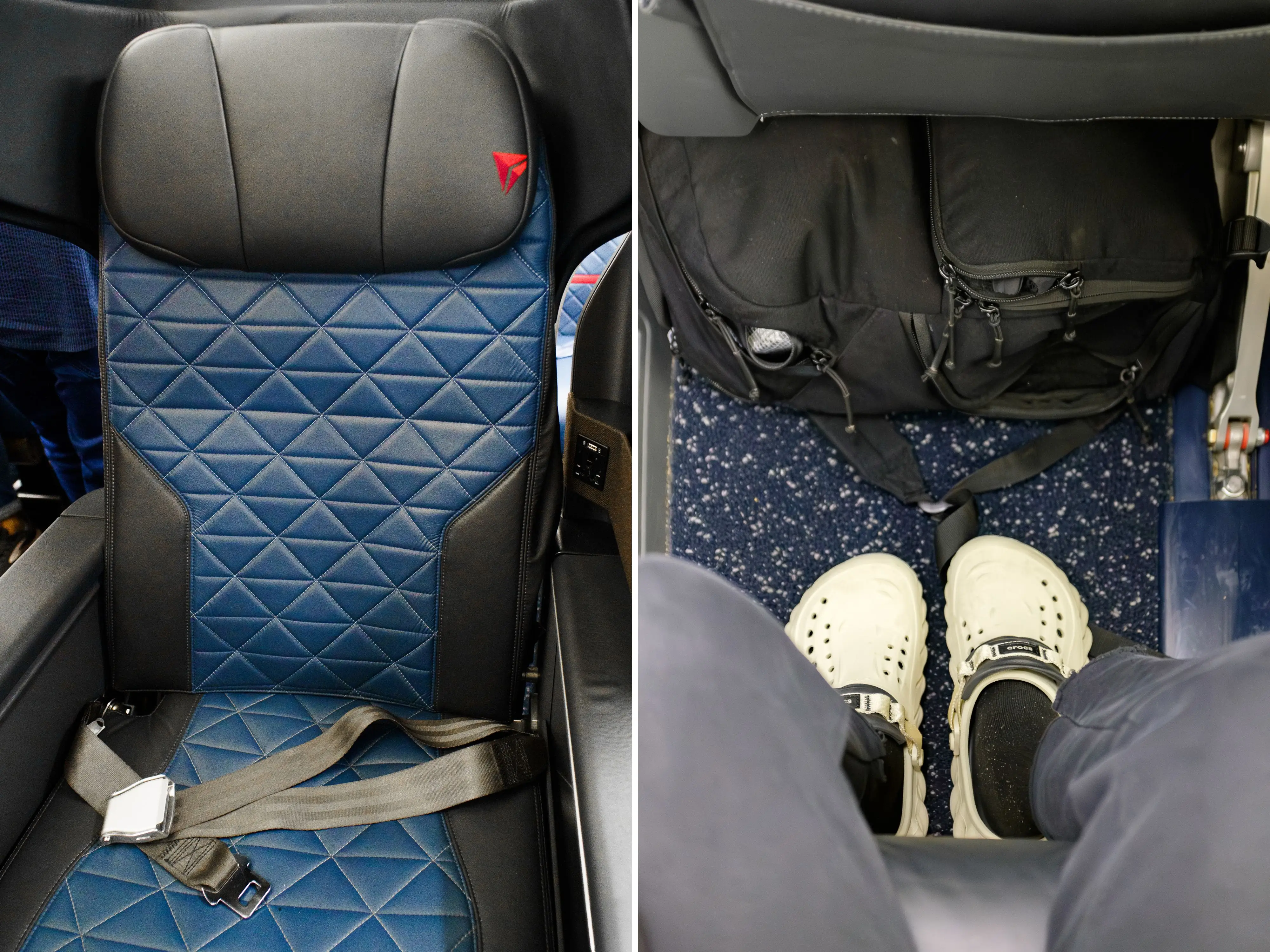 A composite image of a blue and black first-class delta flight seat with a winged headrest and an aerial view of the author's legroom