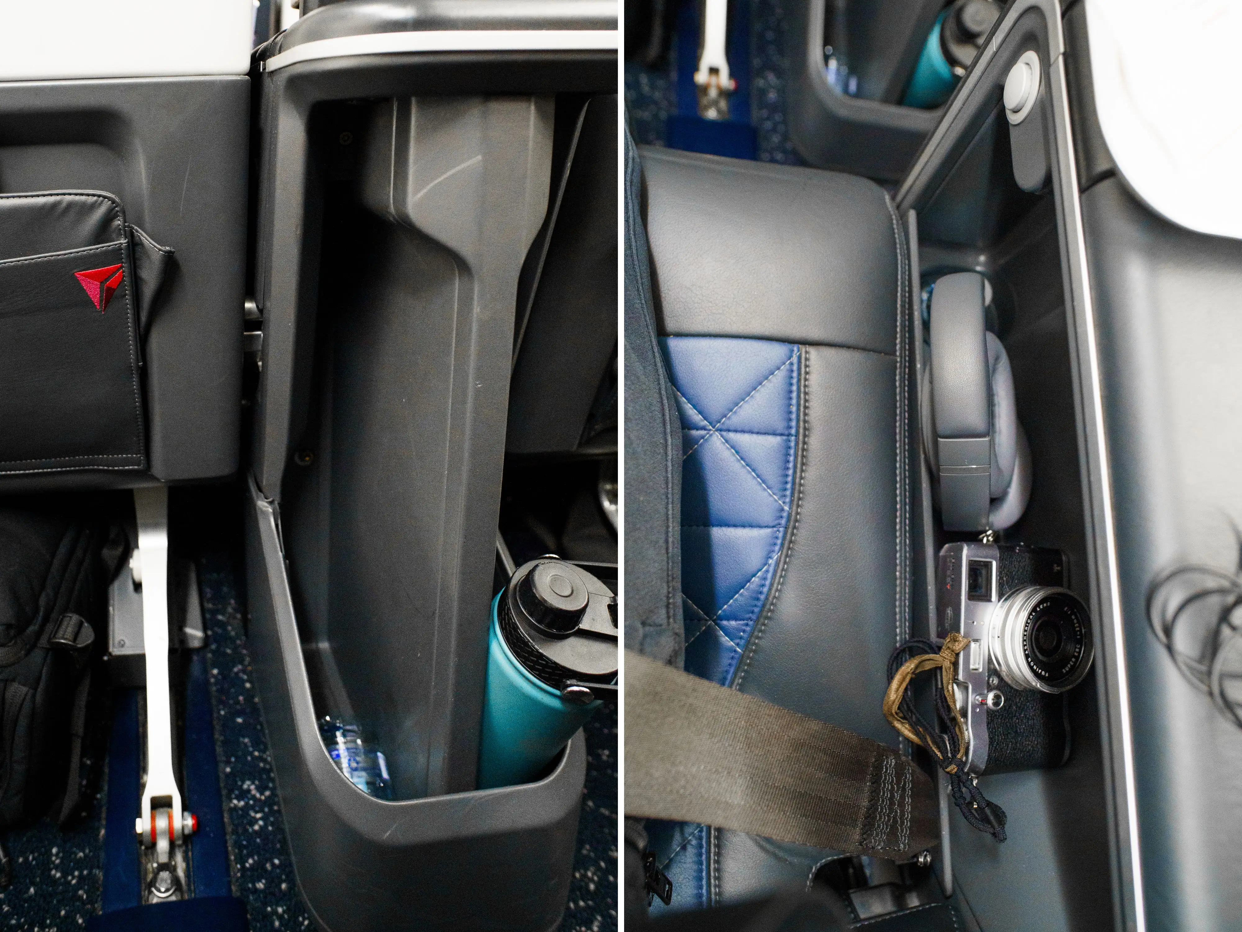 A composite image of storage compartments in front of the seat and to the right of the seat on a first-class Delta flight