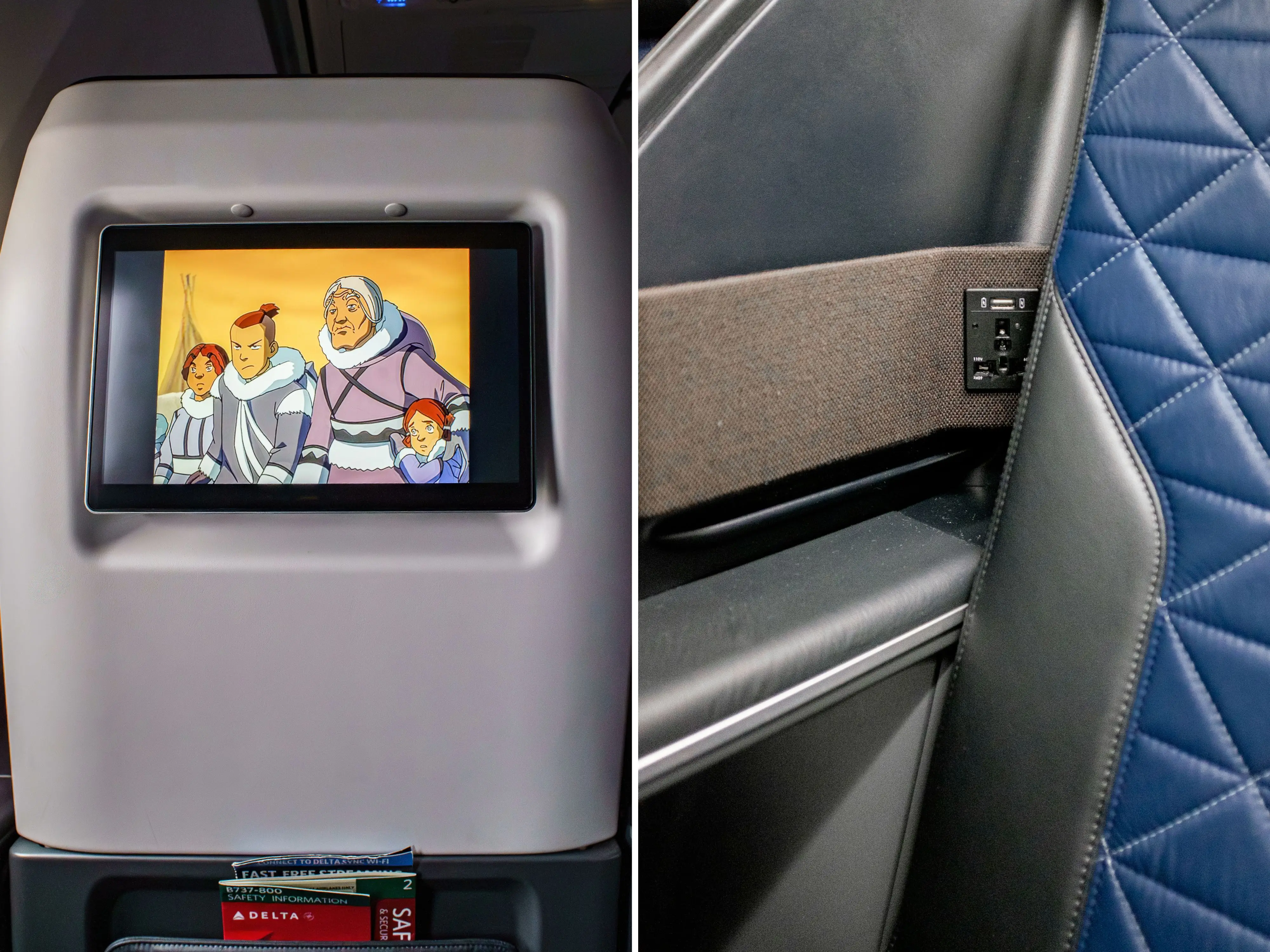 A composite image of a Delta seat back screen playing Avatar, and a close up of outlets on the seat