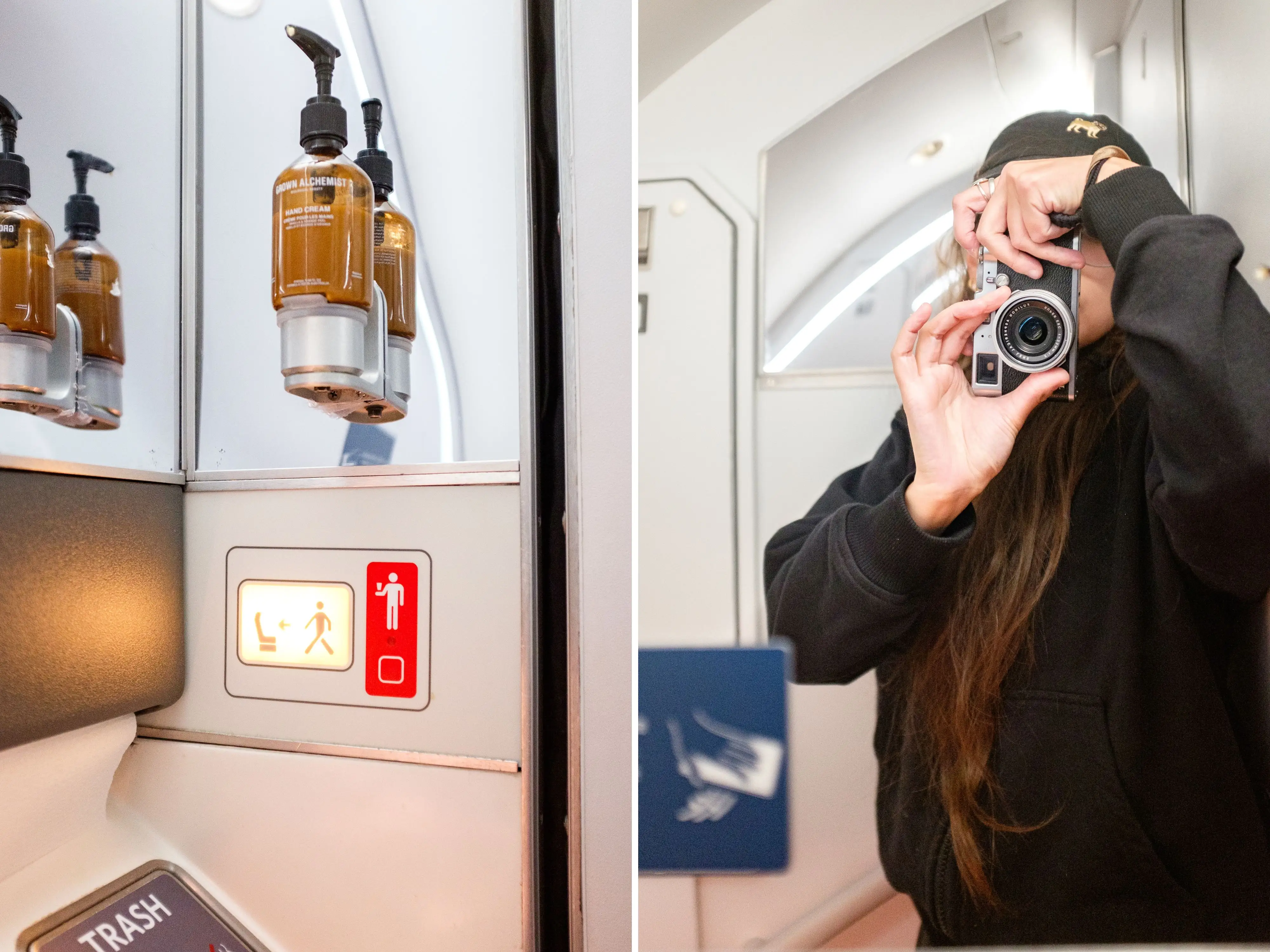 A composite image of hand lotion above a trash receptacle and the author taking a selfie in the mirror in an airplane bathroom
