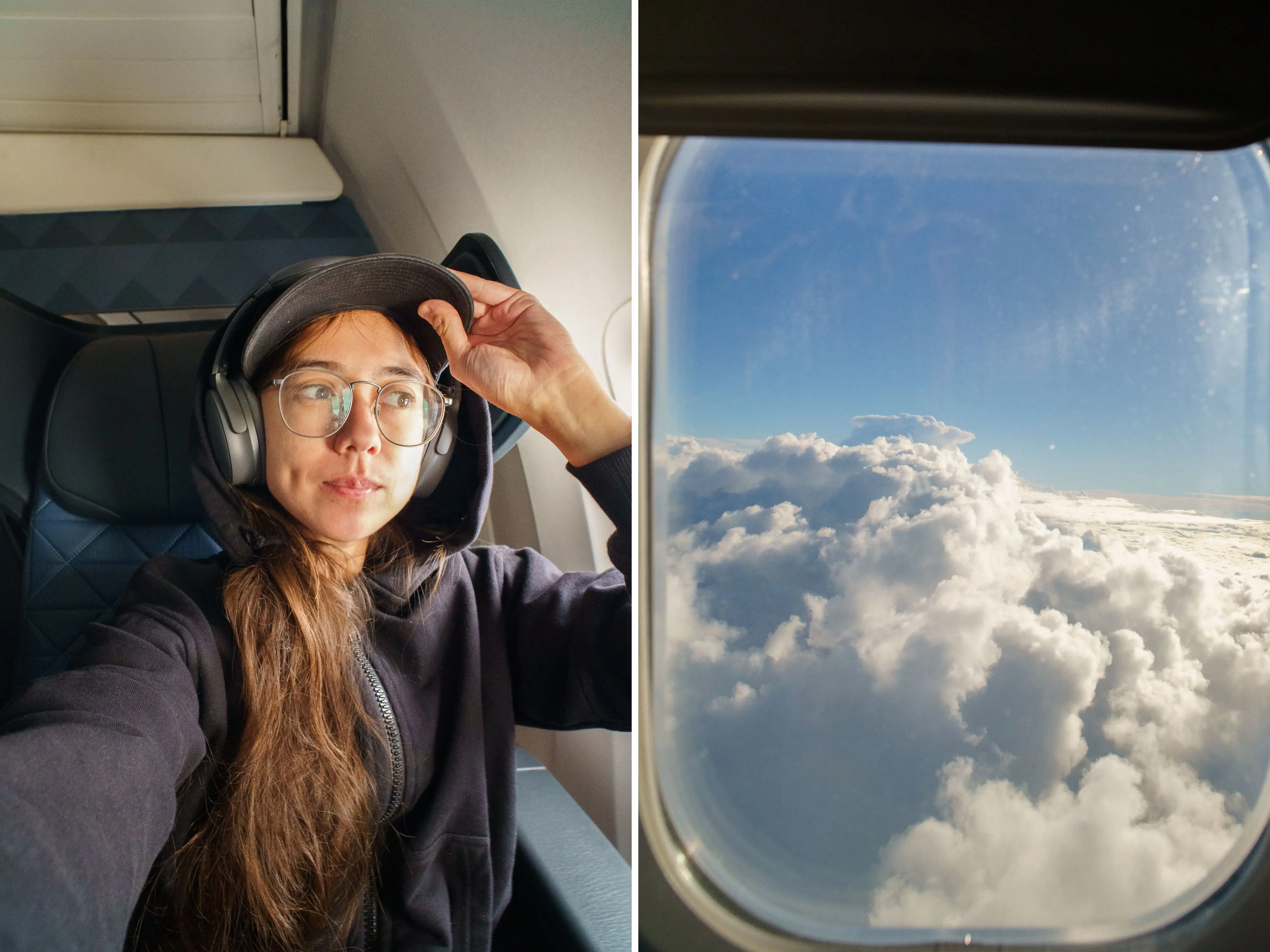 A composite image of the author sitting in a first-class flight seat, looking out the window and a view of clouds out the window