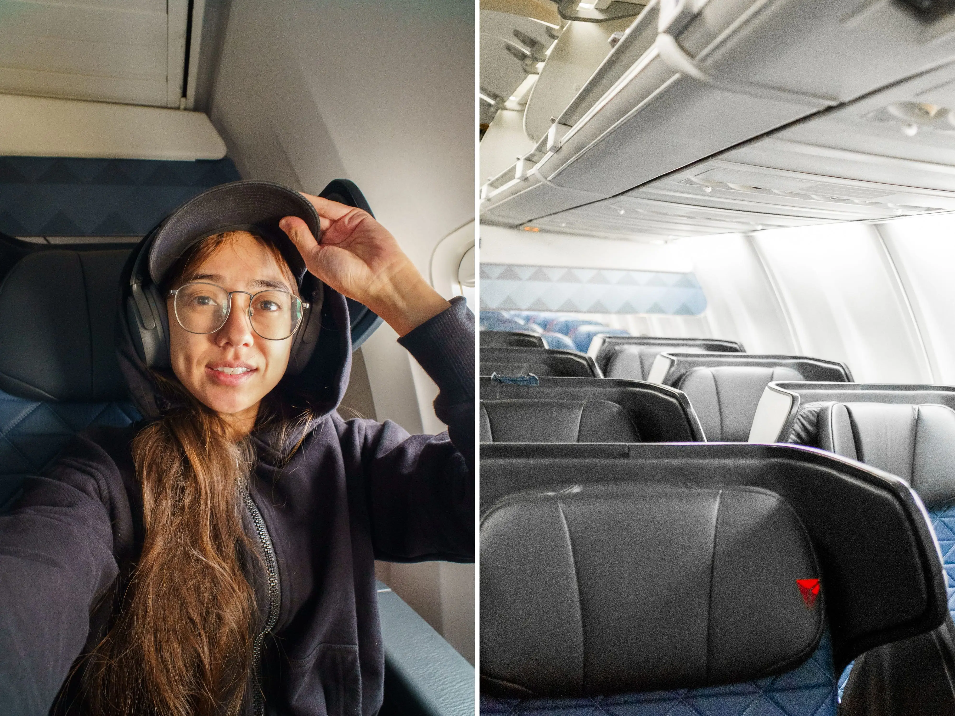 A composite image of the author sitting smiling in a first-class window seat on a Delta flight and a row of first class seats