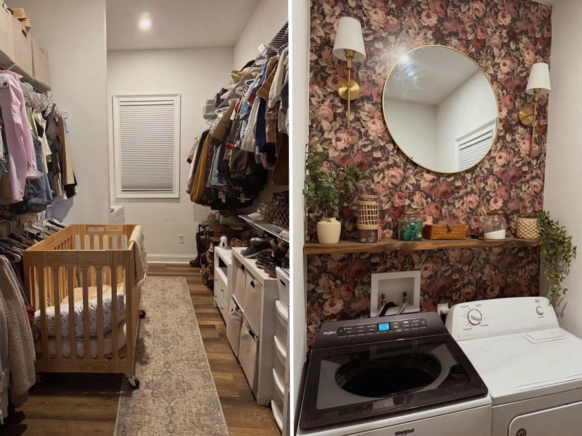 A side-by-side of a walk-in closet with a crib inside it and a laundry area.