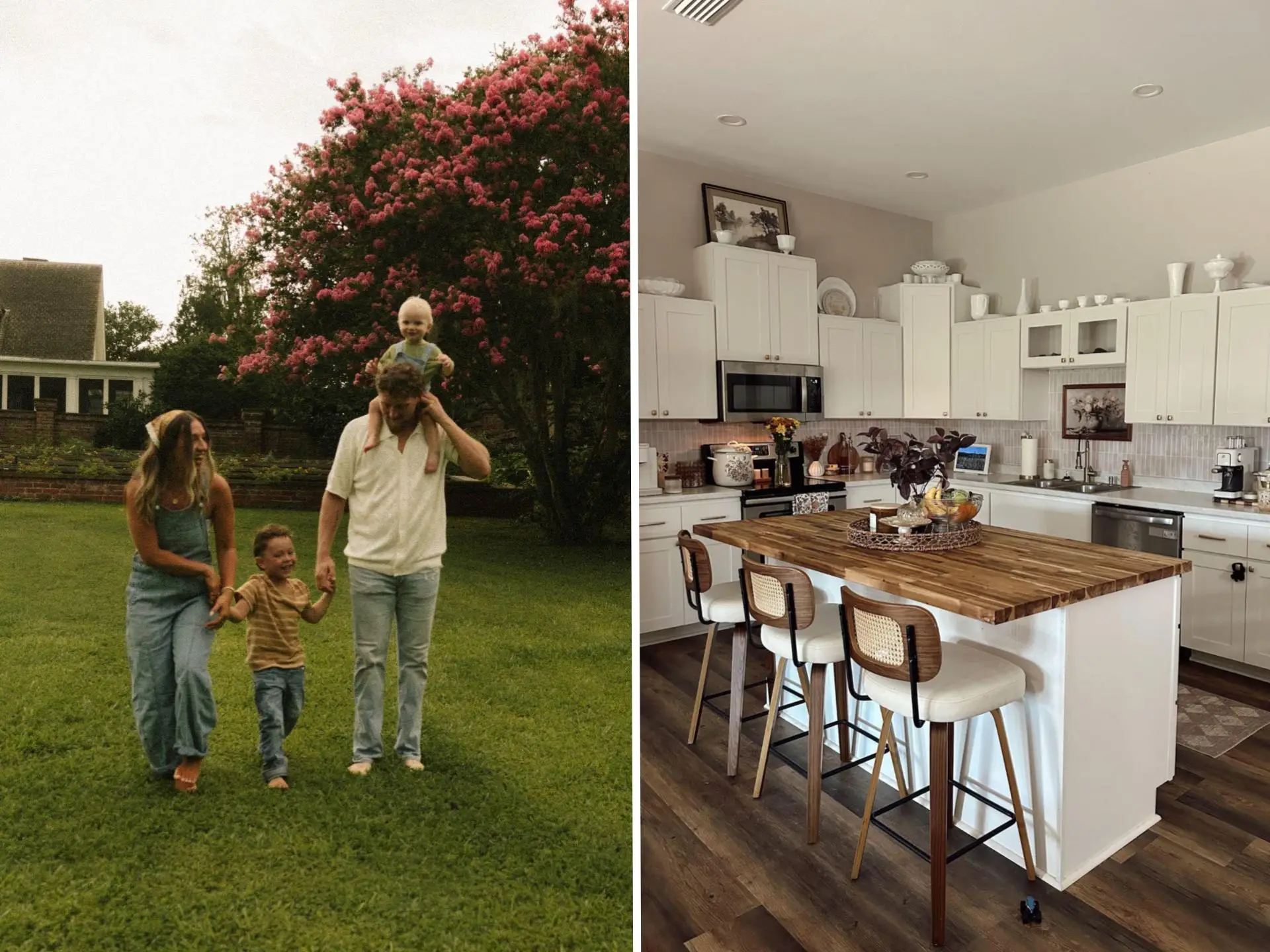 A side-by-side of a family walking through a field and a kitchen with white cabinets and a butcher block island.
