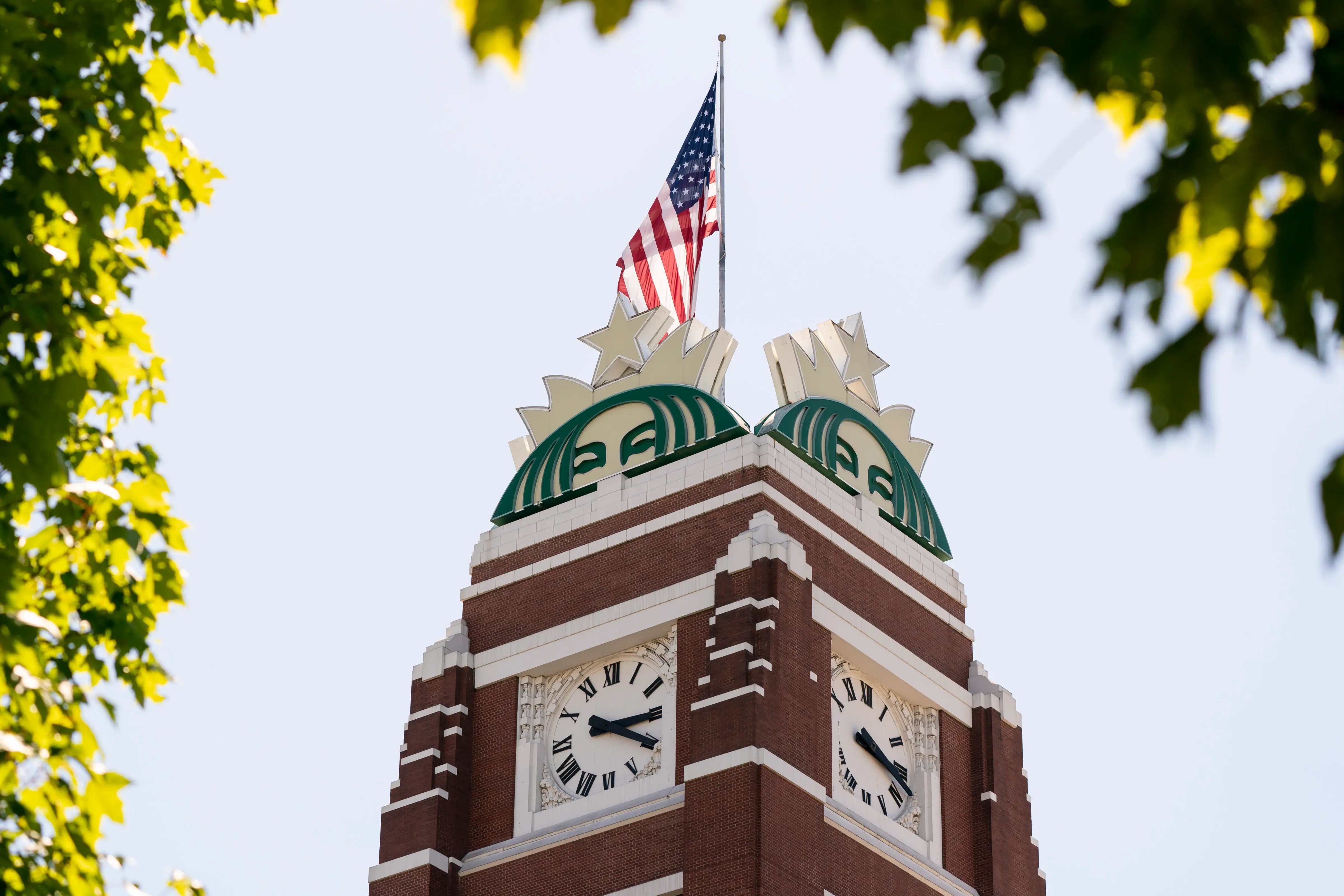 A close-up of the siren at the top of Starbucks' Seattle headquarters.
