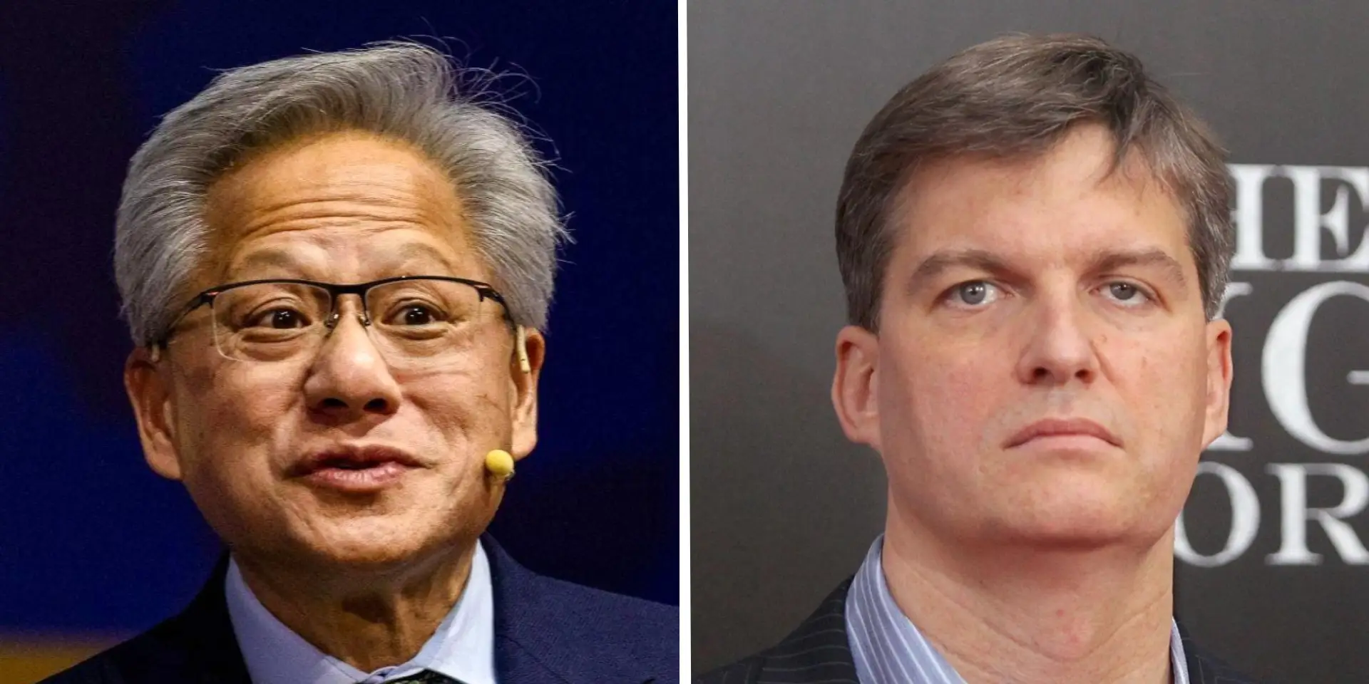 A side-by-side image of Nvidia CEO Jensen Huang and famed short-seller Michael Burry.