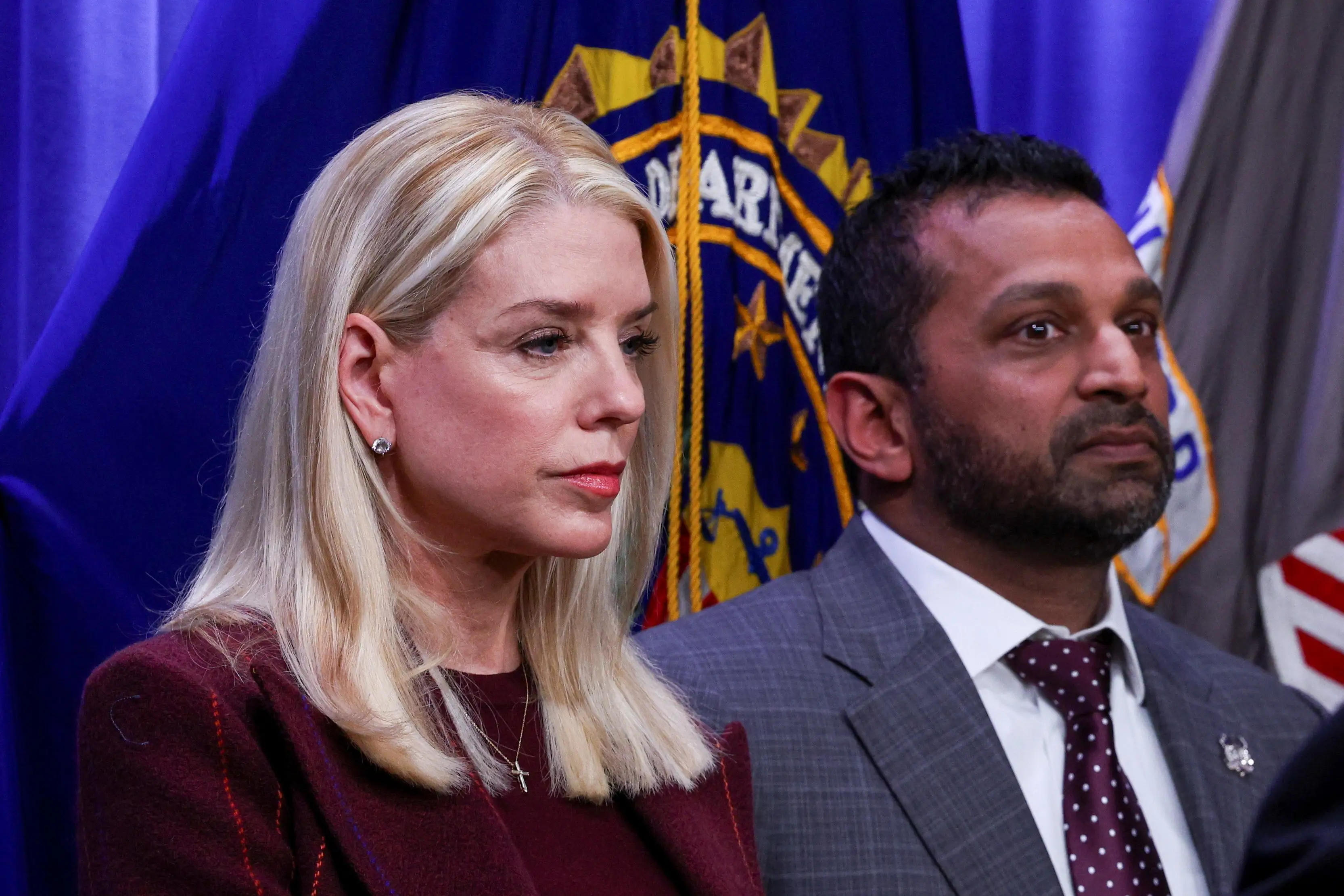US Attorney General Pam Bondi and FBI Director Kash Patel attend a press conference