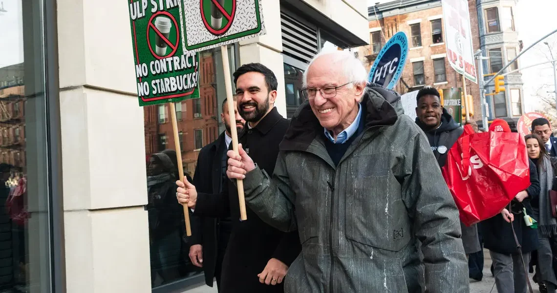 Bernie Sanders and Mamdani joined the Starbucks picket line in Brooklyn — see the photos