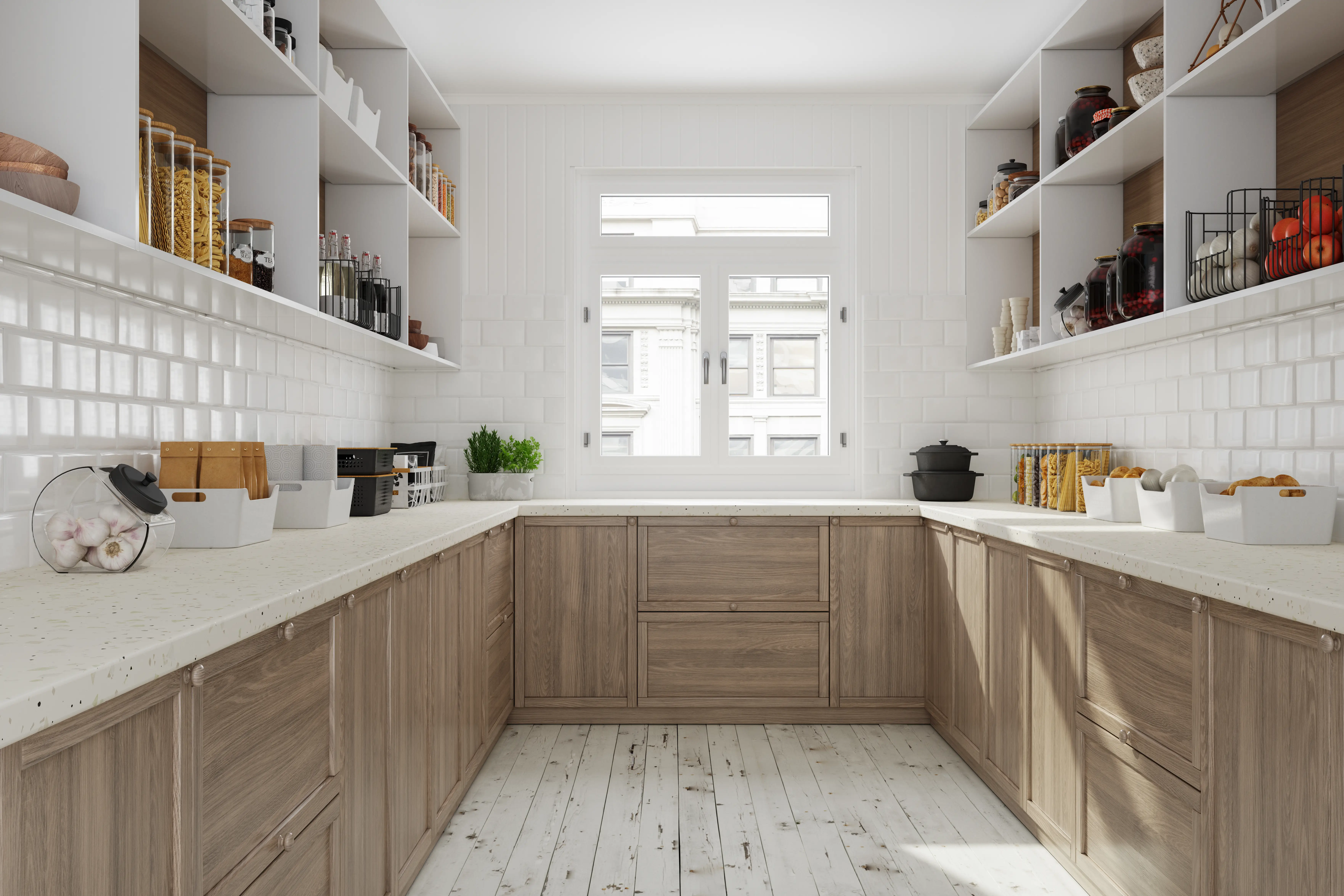 Large butler's pantry area with wood cabinets, white tile