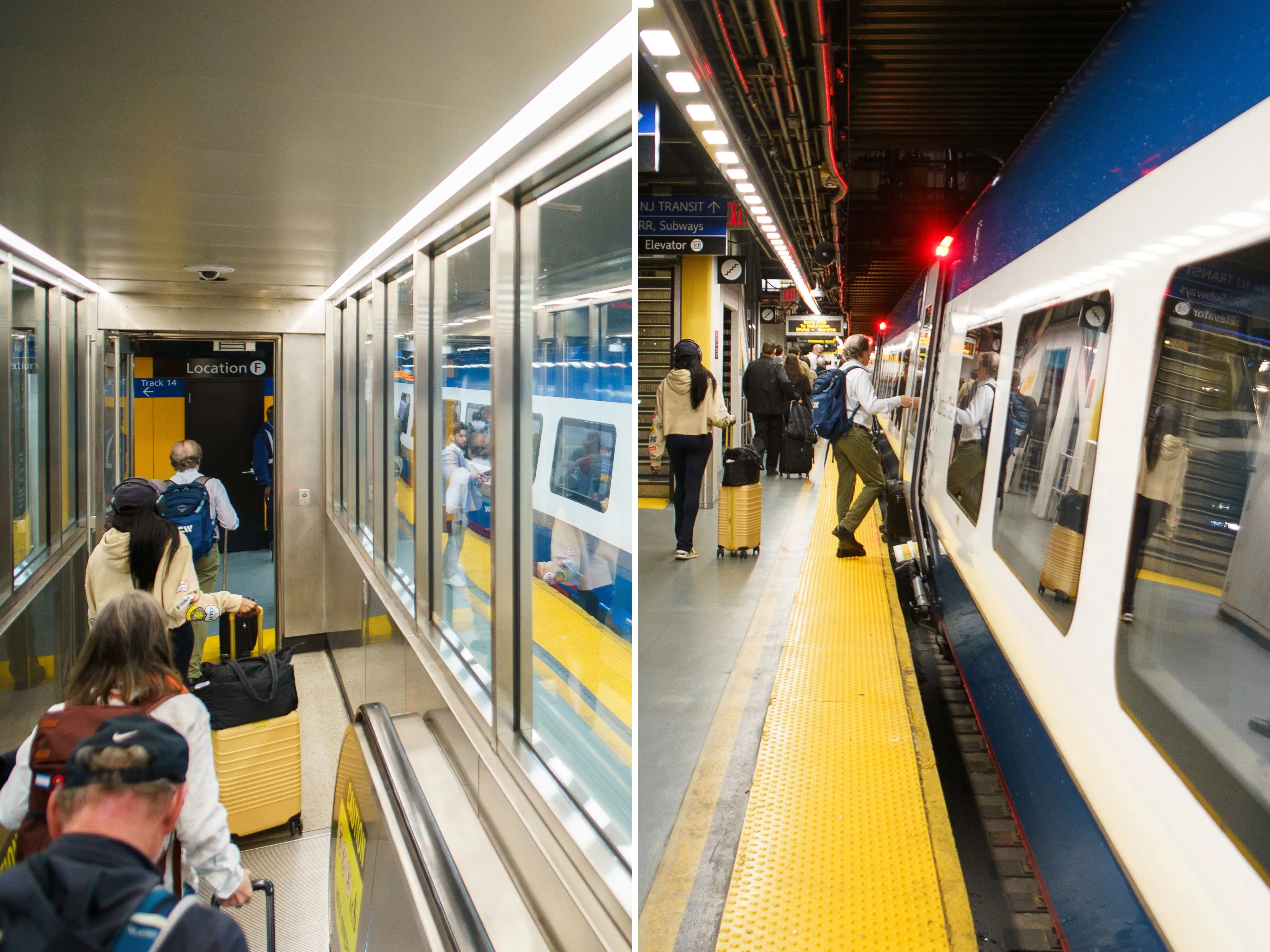 A composite image of people going down an escalator and boarding a train on an underground platform