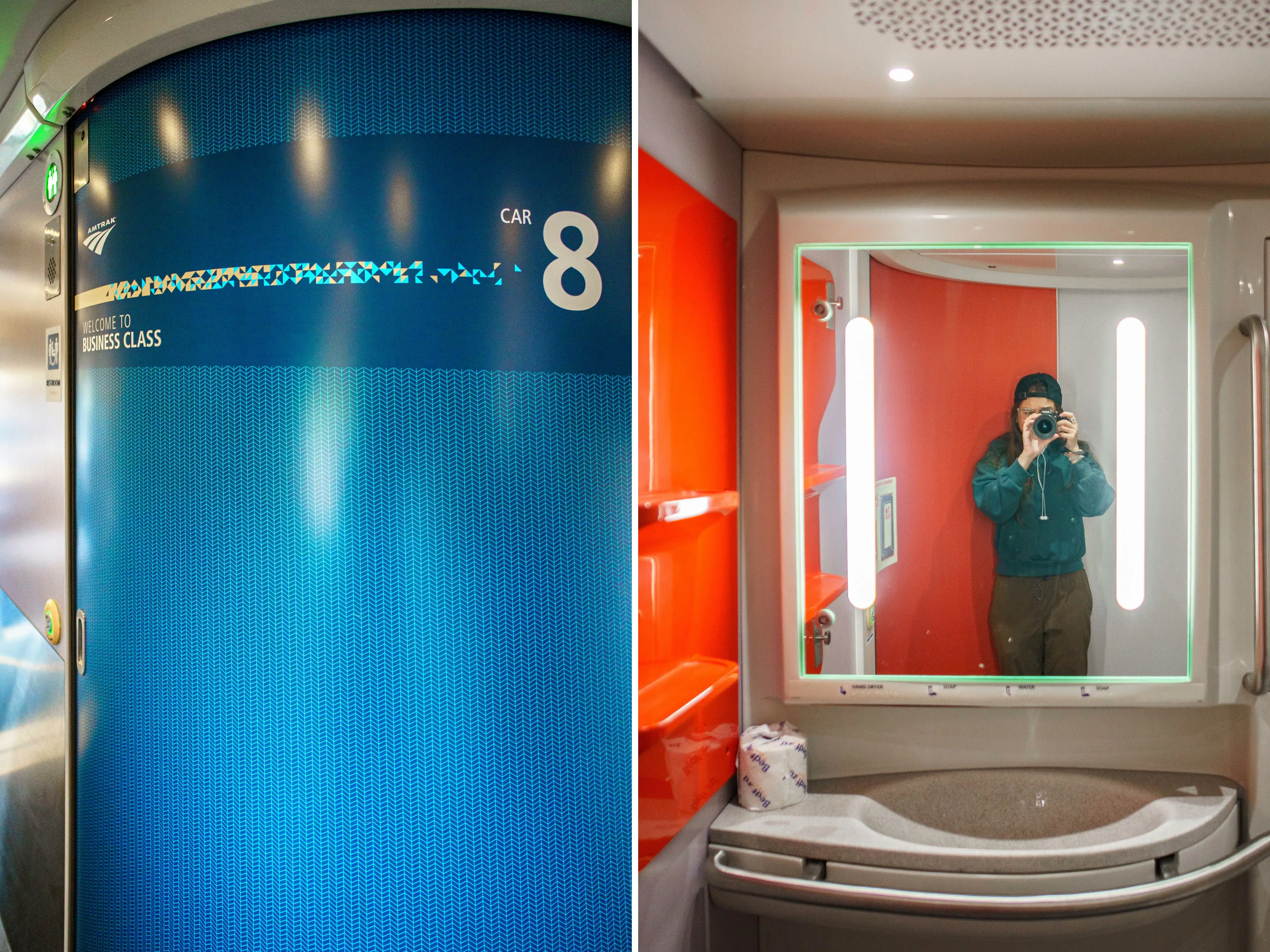 A composite image of a blue door leading to a business-class train bathroom and inside the bathroom with red accents, the author takes a mirror selfie