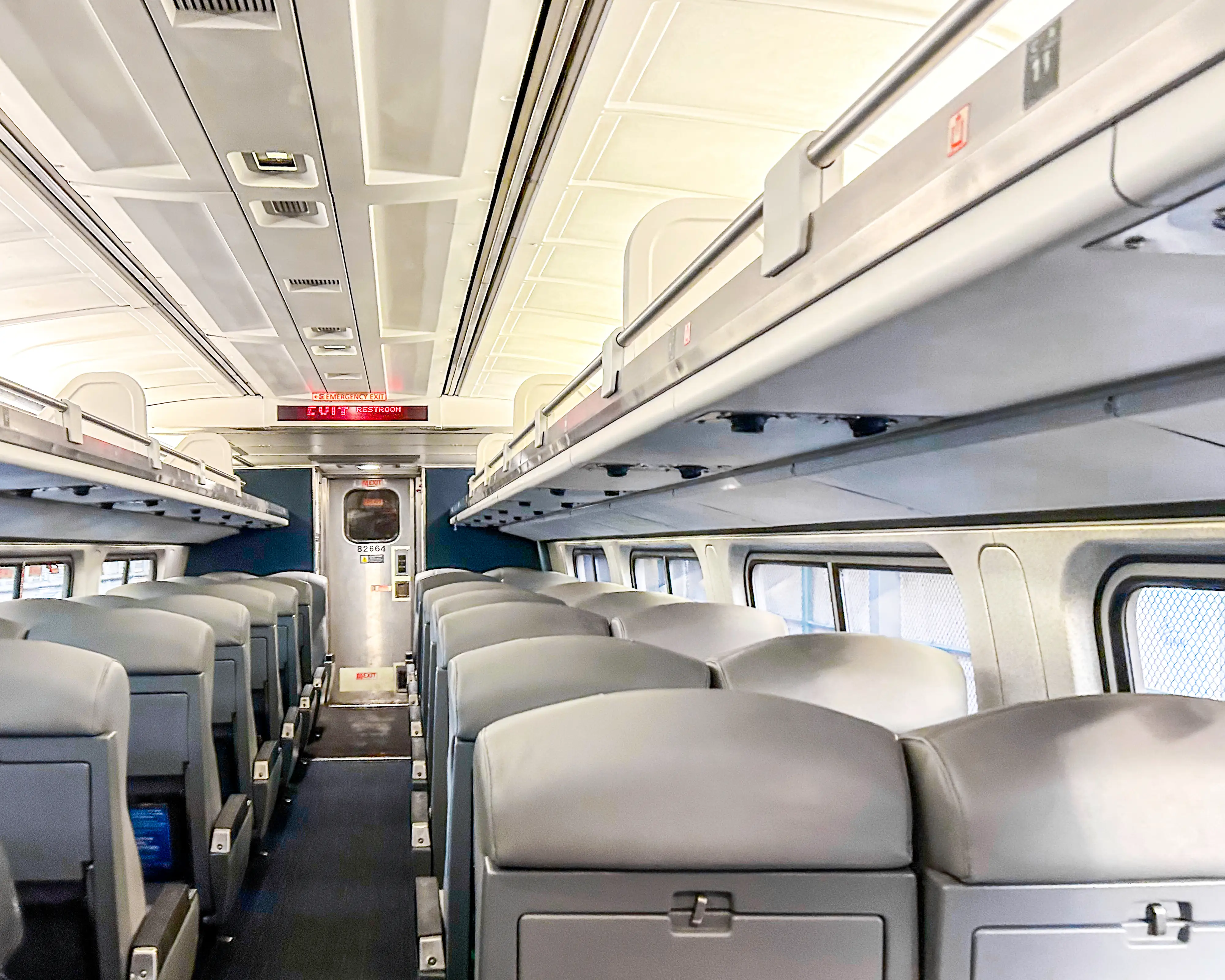 Inside an empty coach cabin on an Amtrak train