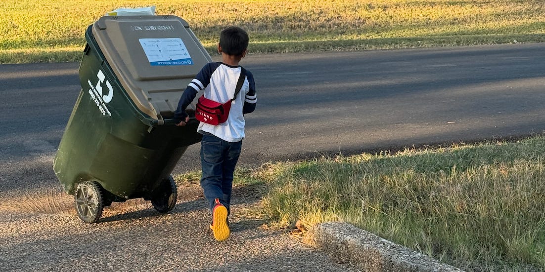 I don’t give my 7-year-old an allowance. Instead, he runs a neighborhood business, where neighbors pay him to take out their trash.