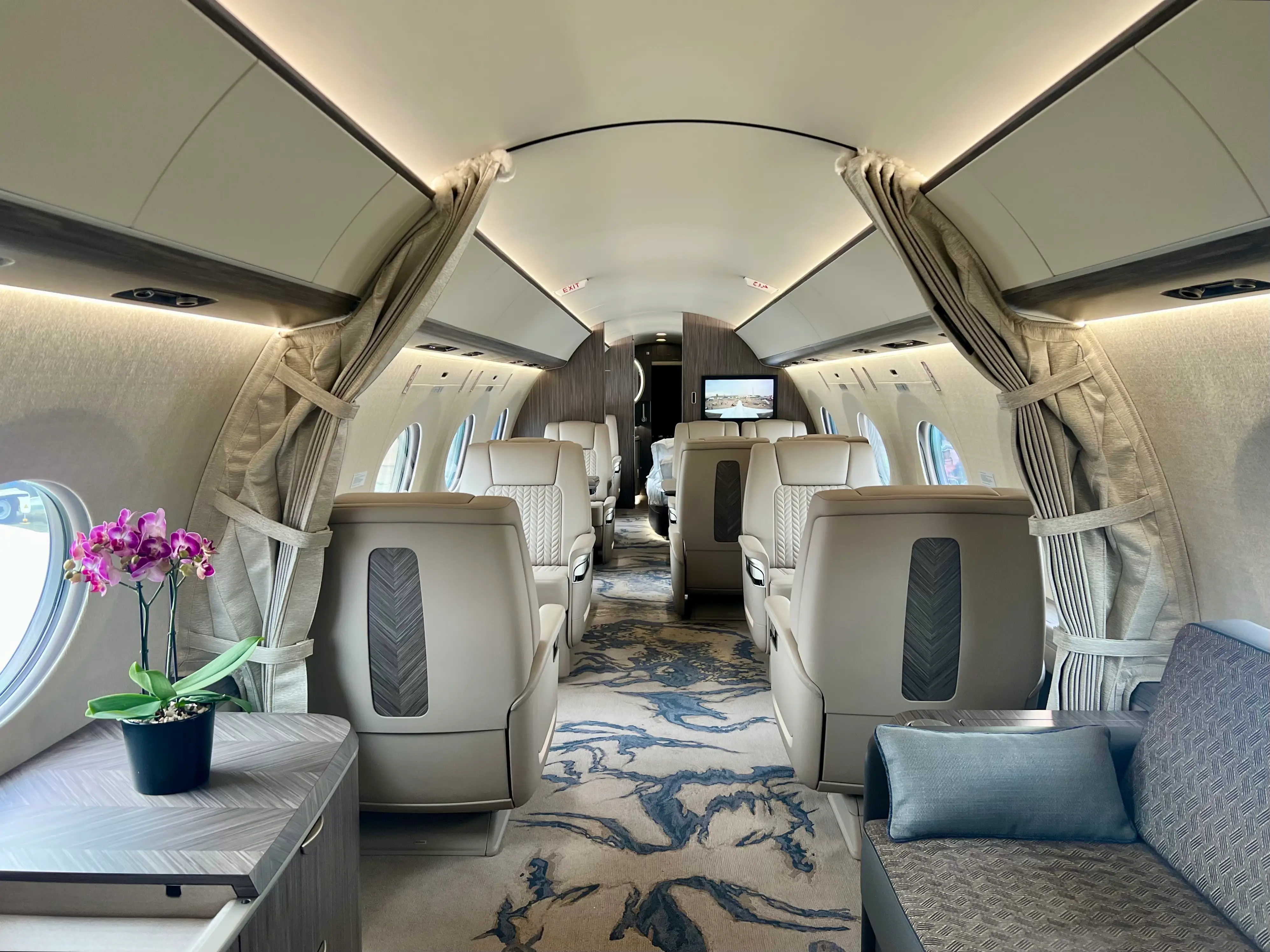 Inside the cabin of a Qatar Executive G700 plane.