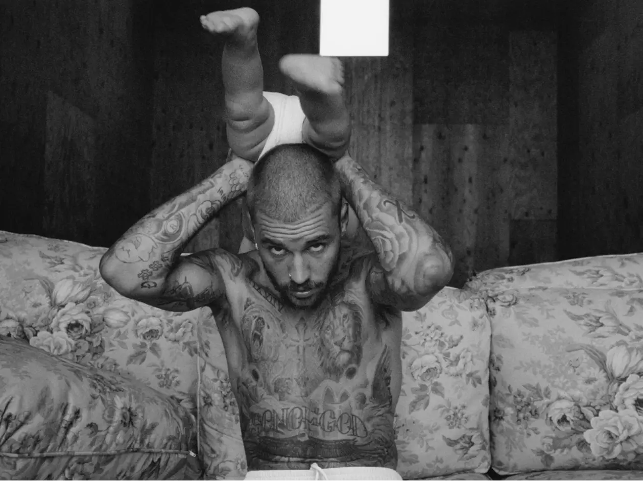 Justin Bieber with his son, Jack Blues Bieber, in a press photo for