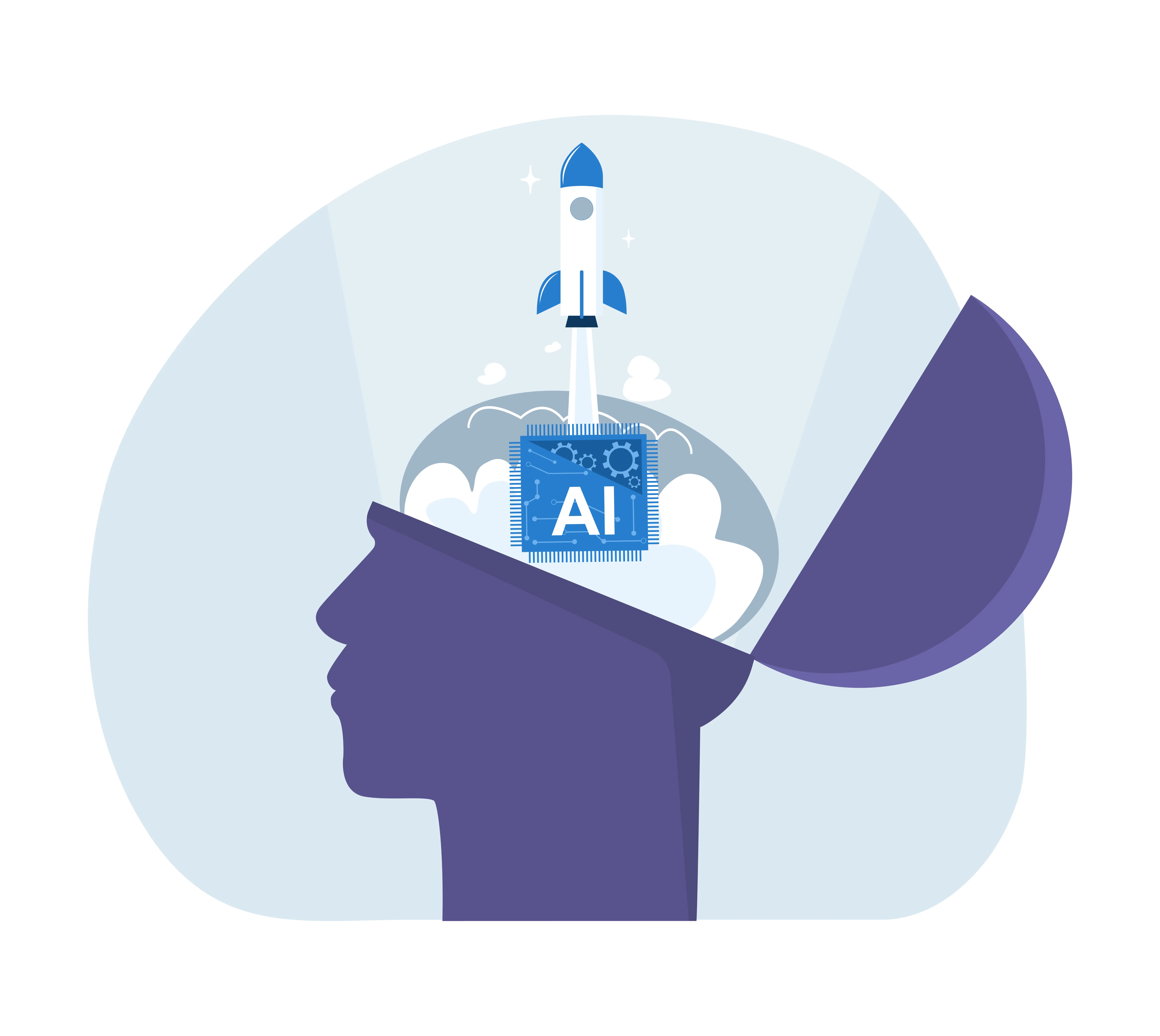 Illustration of a human brain with AI stamped on it and a rocket ship leaving it