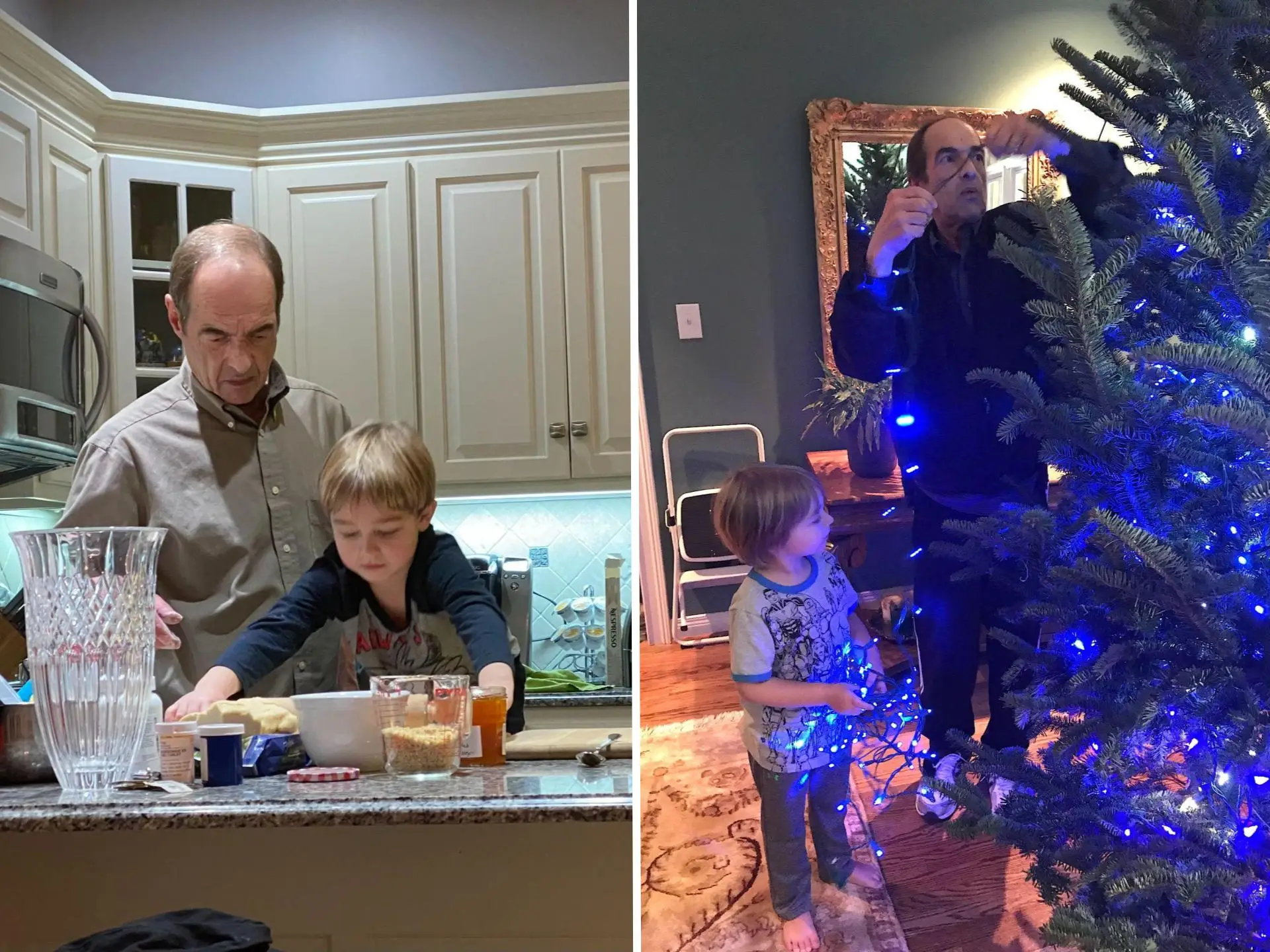 The author's father making cookies and putting up blue Christmas lights with her son.