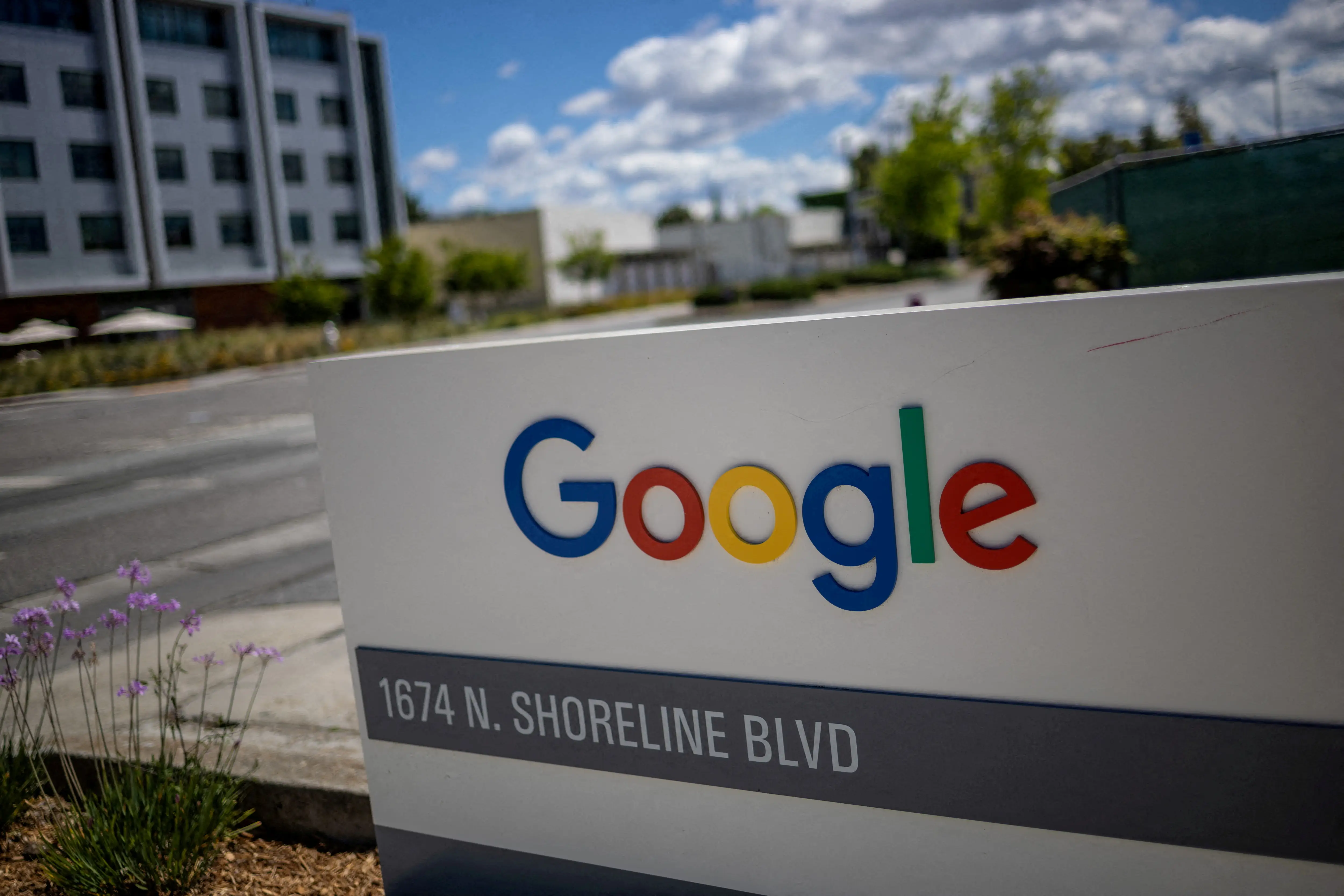 A Google logo is seen at a company research facility in Mountain View, California
