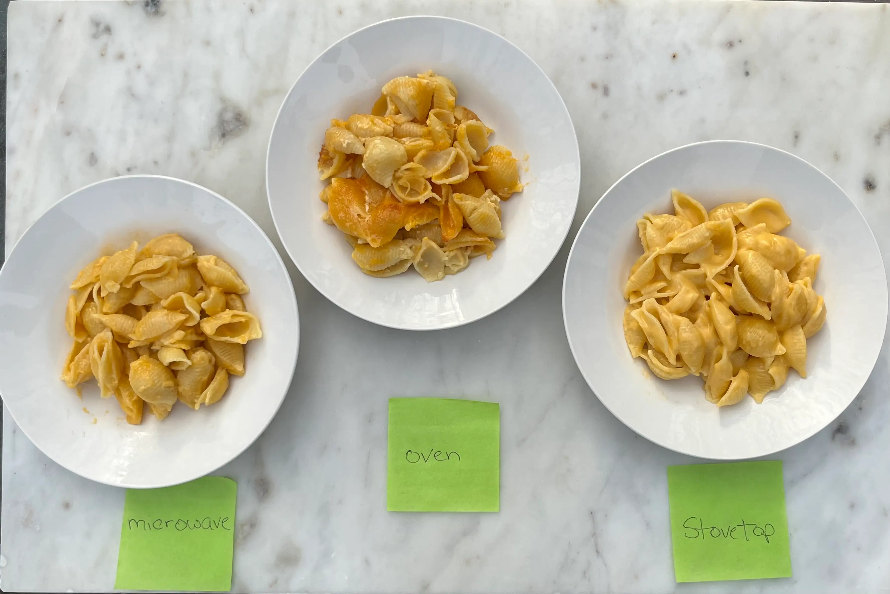 three way comparison of mac and cheese (microwave, oven, stove)
