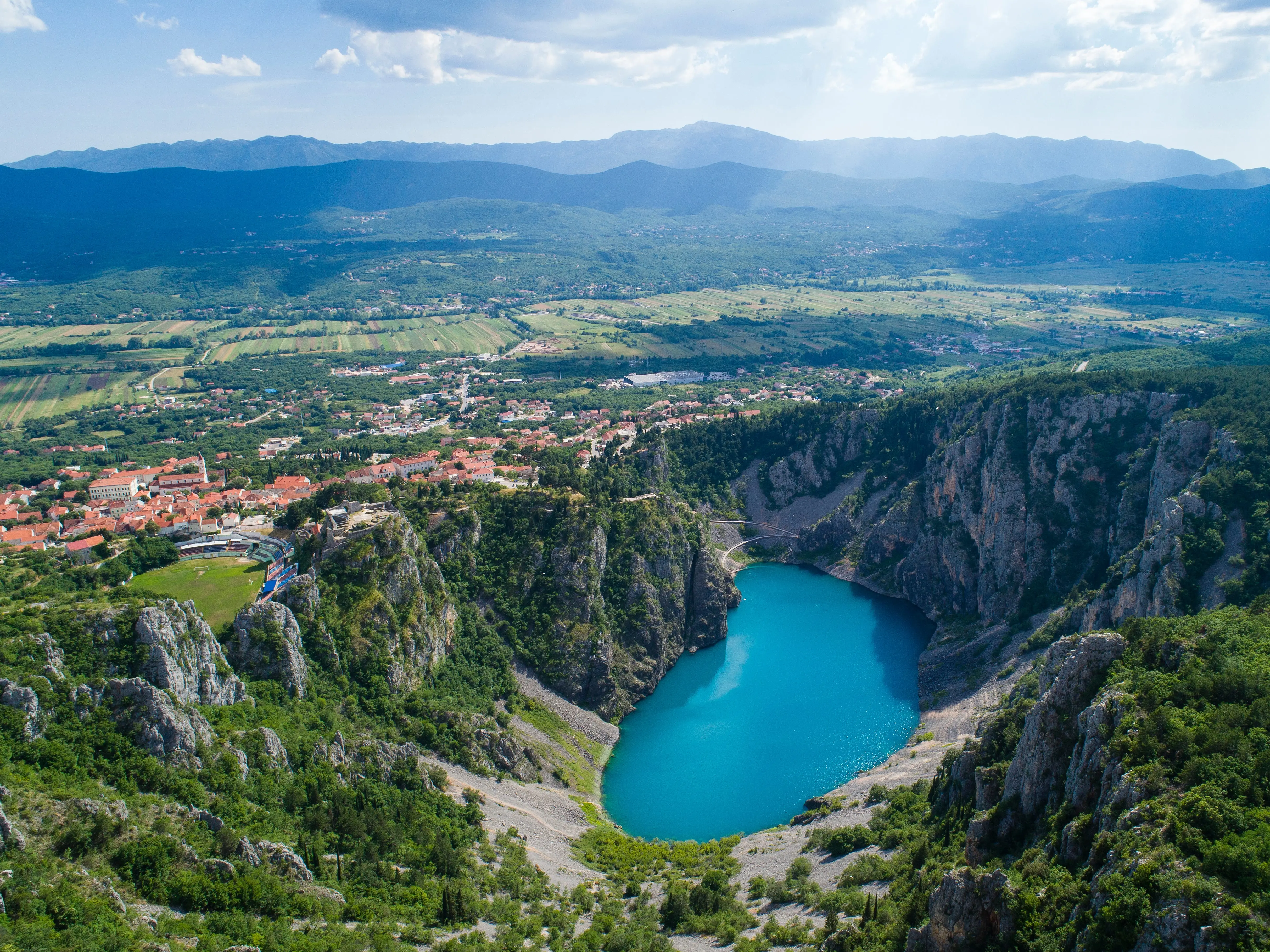 An aerial view of Blue Lake in Imotski, Croatia.